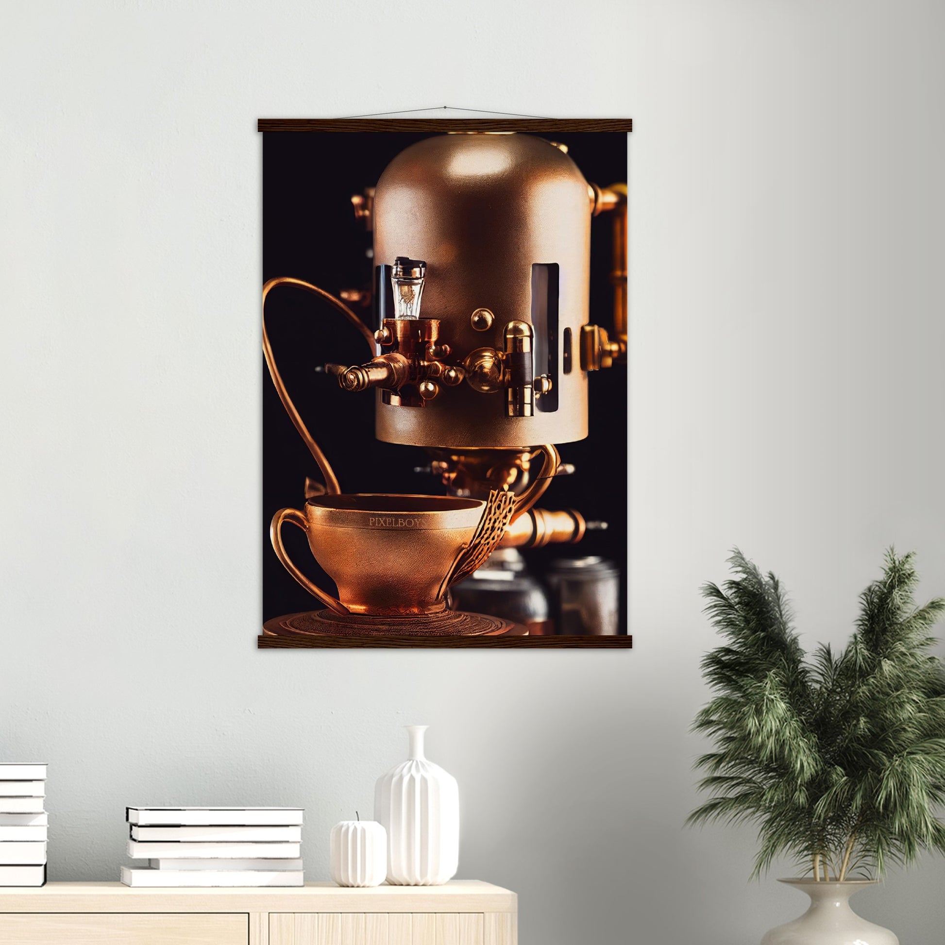 Poster mit Leisten (Holz) - Steampunk - Coffee Maker - No.7 - Collection Cup - Pixelboys - Wandbild - Kunstwerk - Hotelkunst - Kunst auf Postern - Fine Art - Steampunk - Future - Maschine - Poster with frame - Office Poster - Art Brand - Pixelboys - Coffee House - Restaurant Poster - Wall Art - Kunstdruck - Geschenkidee - Kunst auf Acrylglas - Future Coffee Cup - Personalisierbare Tasse - Gastro Tasse - exklusiv - Acryldruck - Gastronomie Poster - Hotelposter - Teestube - Steam Punk Kitchen -   