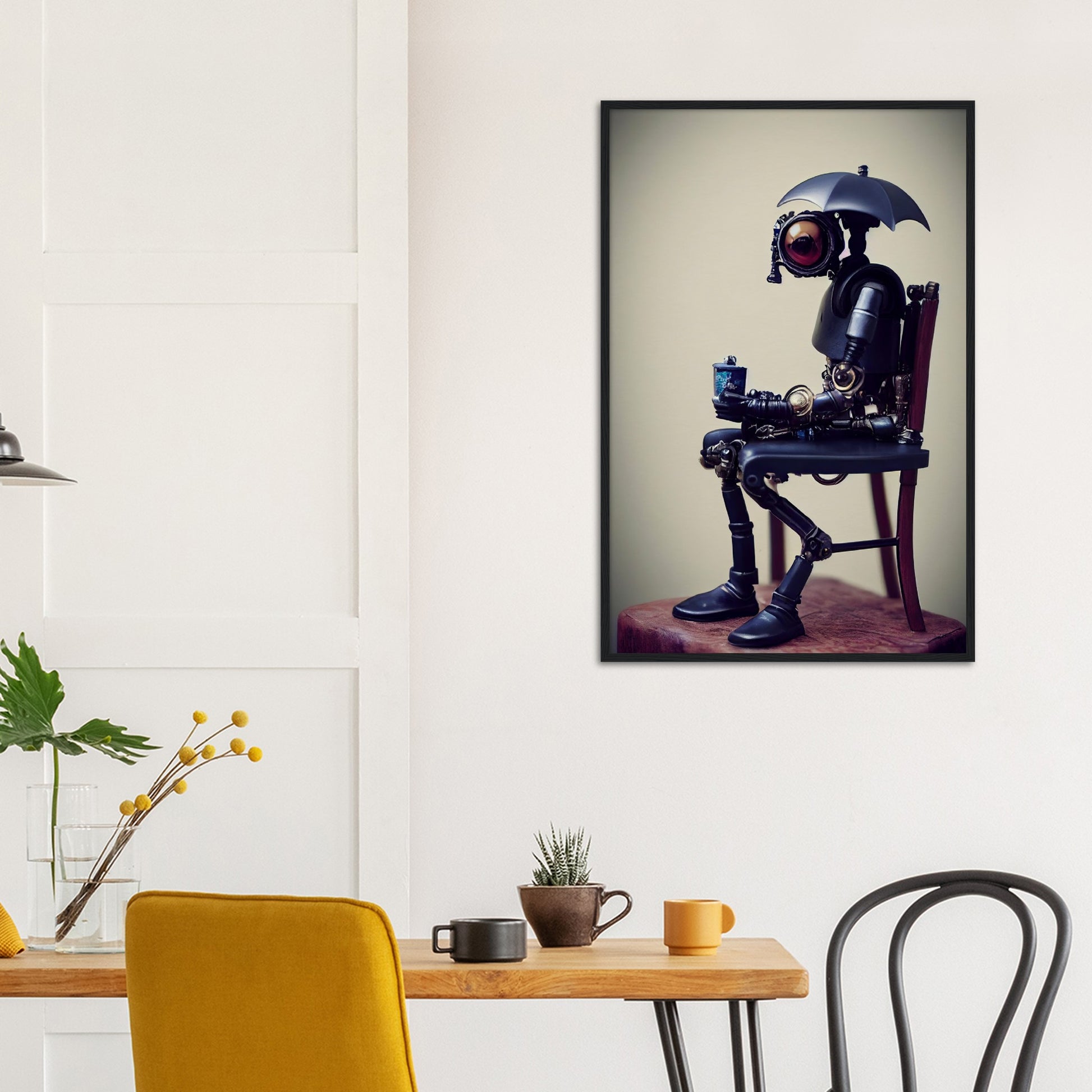 Poster mit Rahmen (Holz) in Museumsqualität - Tiny robot with an umbrella "Louis" - Regenschirm - Acryldruck - Wandkunst - Customizable Coffee Cup - Personalized Gifts - Kunstdruck - Kleine Roboter - Acryldruck - Little Robots - Personalized Gifts - Tiny  - Steampunk - zukunft - Poster with frame - Kunstwerk - Office Poster - Poster mit Rahmen - Kaffee Tasse - Poster - Bedruckte Tassen - Kunst Marke - Art Brand - Kunstdrucke - Künstler: John Grayst & Pixelboys - emotional robots - Geschenkidee -