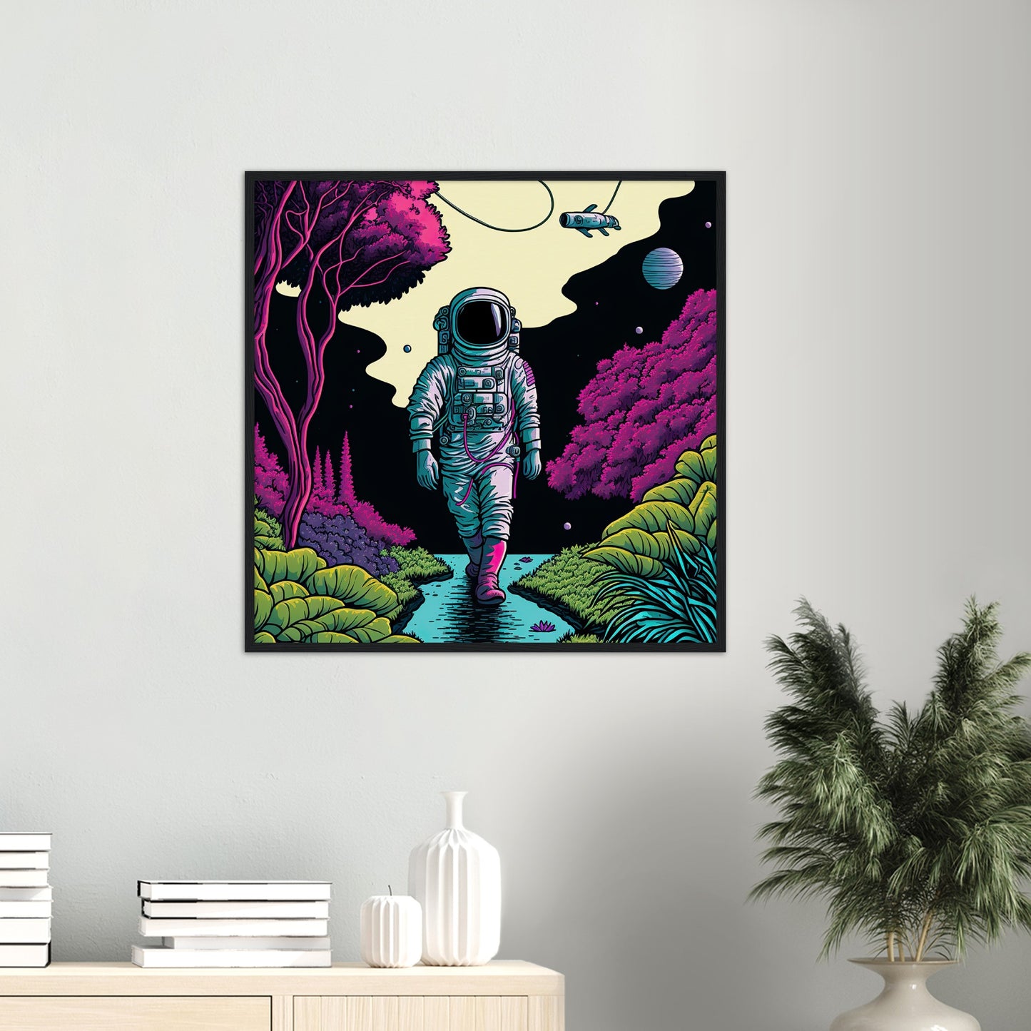 Poster mit Rahmen (Holz) in Museumsqualität - Wandering Astronaut - Stephen - Illustration - Astronaut - Panorama - Rocketman - Posterleisten - USA - Fineart - Posterrahmen  - Wandkunst - Holzrahmen - Poster with frame - artwork - art brand - printed cup personalized - Holzleisten - pixelboys - Kunstdrucke - wandbilder - wall art - Kunst auf Tassen  - Office Poster - Gastrotassen - Wanddekoration - Acrylkunst - Geschenkidee - Office Poster - Acryldruck - Abstrakte Kunst -