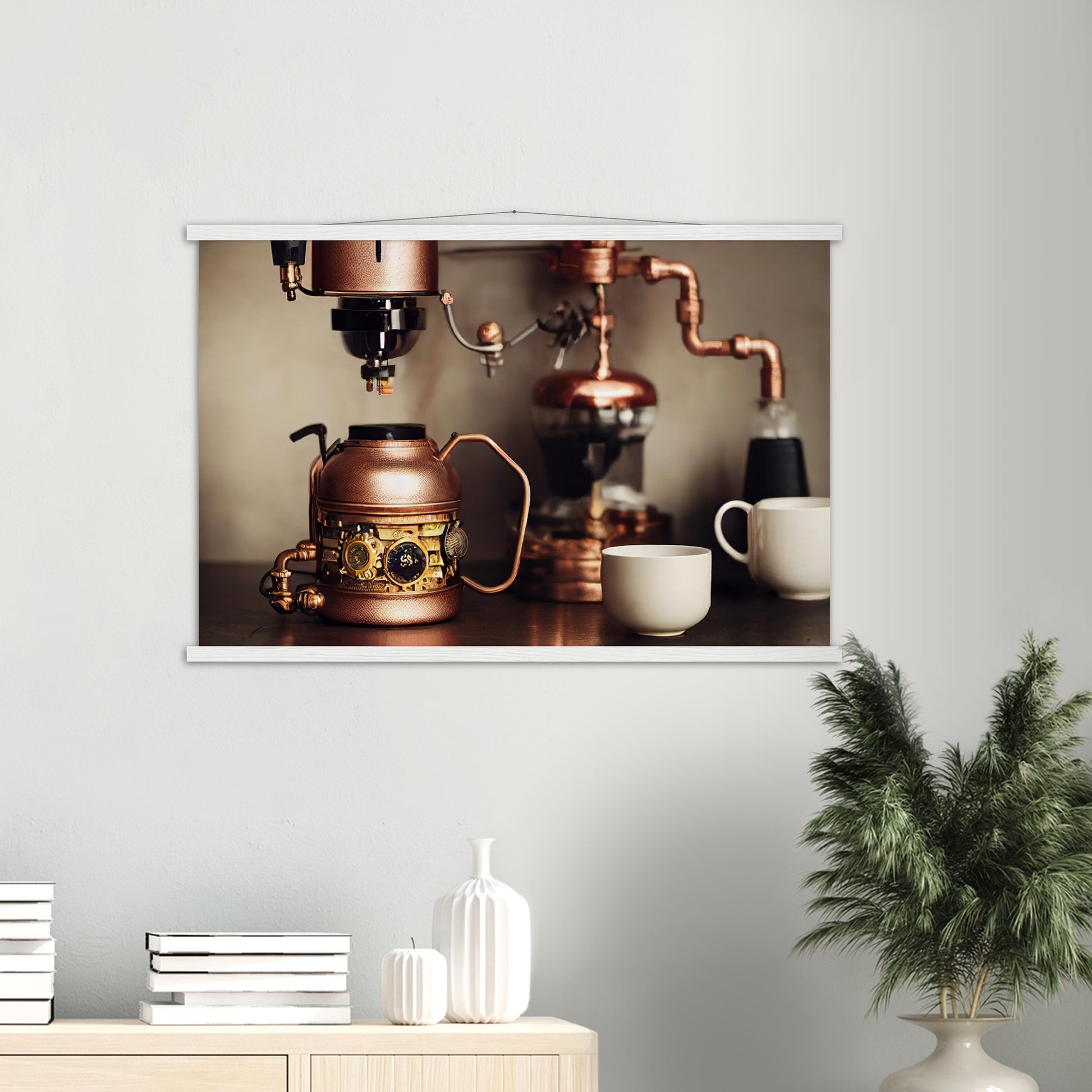 Poster mit Leisten (Holz) - in Museumsqualität - Steampunk - Coffee Maker - No.1 - Wandbild - Kunstwerk - Kunst auf Postern - Fine Art - Steampunk - Future - Maschine - Poster with frame - Office Poster - Art Brand - Pixelboys - Coffee House - Restaurant Poster - Schöner Wohnen - Dekoration - Wall Art - Kunstdruck - Geschenkidee - Kunst auf Acrylglas - Personalisierbare Tasse - Gastro Poster - Gewerbliche Poster - exklusiv