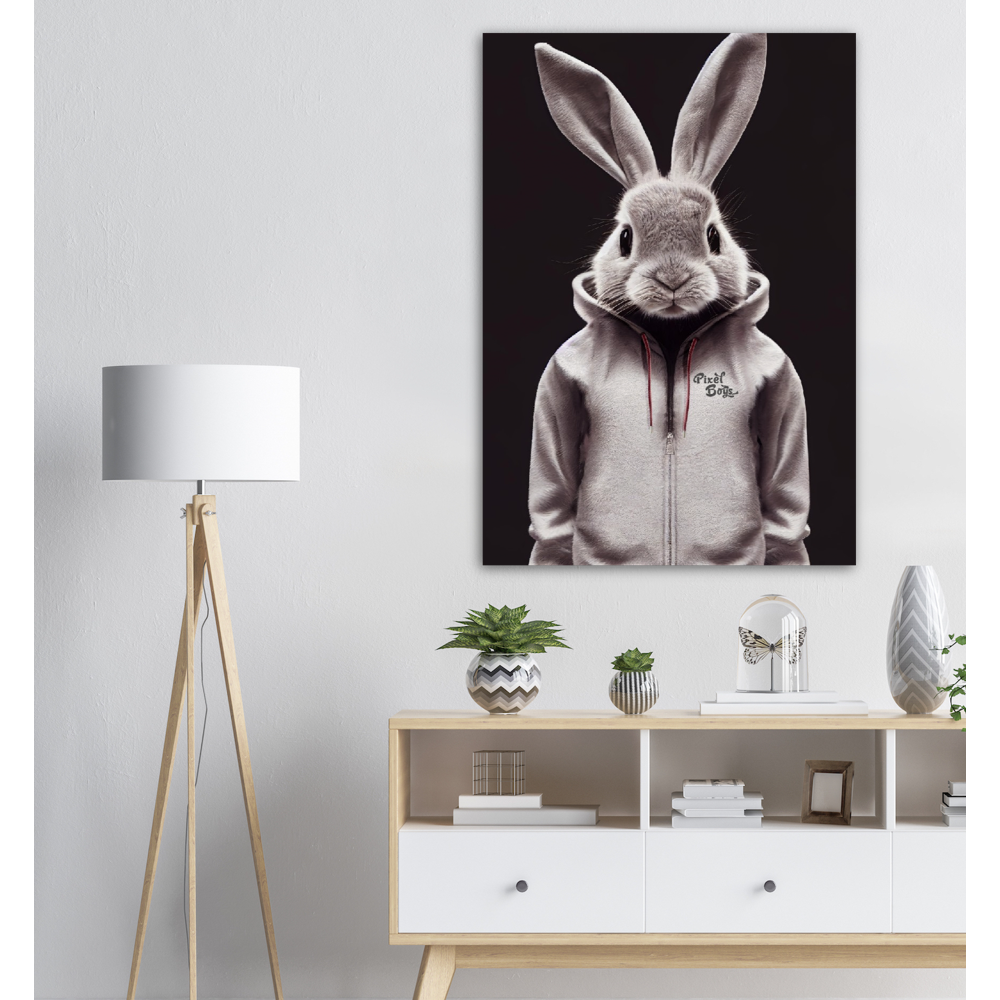 Poster in Museumsqualität - Bunny in grey tracksuit - Fashion Gang - Wandbild - Ostern - Geschenkidee - Osterhase - Bunny Crew: "Valerian" - "Caesar" - "Constantin" - "Cleo"-Titus - Weisser Hase - Easter Bunny - Cute - grey tracksuit - sweats - Alice's Adventures in Wonderland - Modemarke - Pixelboys Brand - Valerian der Hase - Kaninchen  - Künstler: "Pixelboys" - Atelier - Germany - Berlin - Hamburg - Colgne - France - Paris - Italy - Rom - USA - America - New York City - Los Angeles - Chicago - 