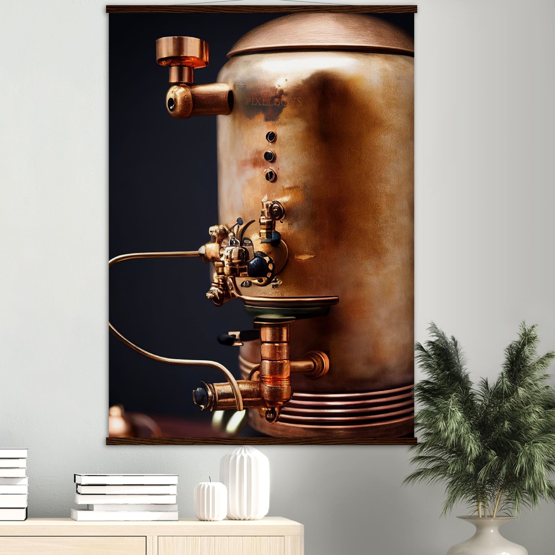 Poster mit Leisten (Holz) - Steampunk - Coffee Maker - No.5 - Collection Cup - Pixelboys - Wandbild - Kunstwerk - Hotelkunst - Kunst auf Postern - Fine Art - Steampunk - Future - Maschine - Poster with frame - Office Poster - Art Brand - Pixelboys - Coffee House - Restaurant Poster - Wall Art - Kunstdruck - Geschenkidee - Kunst auf Acrylglas - Future Coffee Cup - Personalisierbare Tasse - Gastro Tasse - exklusiv - Acryldruck - Gastronomie Poster - Hotelposter - Steam Punk Kitchen -   