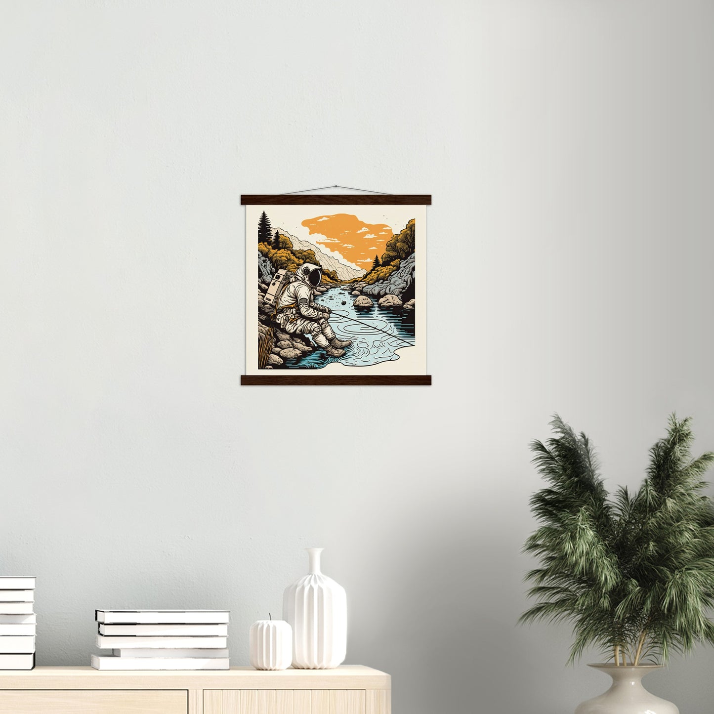 Poster mit Leisten (Holz) - in Museumsqualität - Fishing Astronaut - Buzz - Angeln - Astronaut - Natur - Posterleisten - USA - Fineart - Posterrahmen  - Wandkunst - Holzrahmen - Poster with frame - people of color - artwork - art brand - printed cup personalized - Holzleisten - pixelboys - Kunstdrucke - wandbilder - wall art - Kunst auf Tassen  - Office Poster - Gastrotassen - Wanddekoration - Acrylkunst - Geschenkidee - Office Poster - Acryldruck - Abstrakte Kunst -