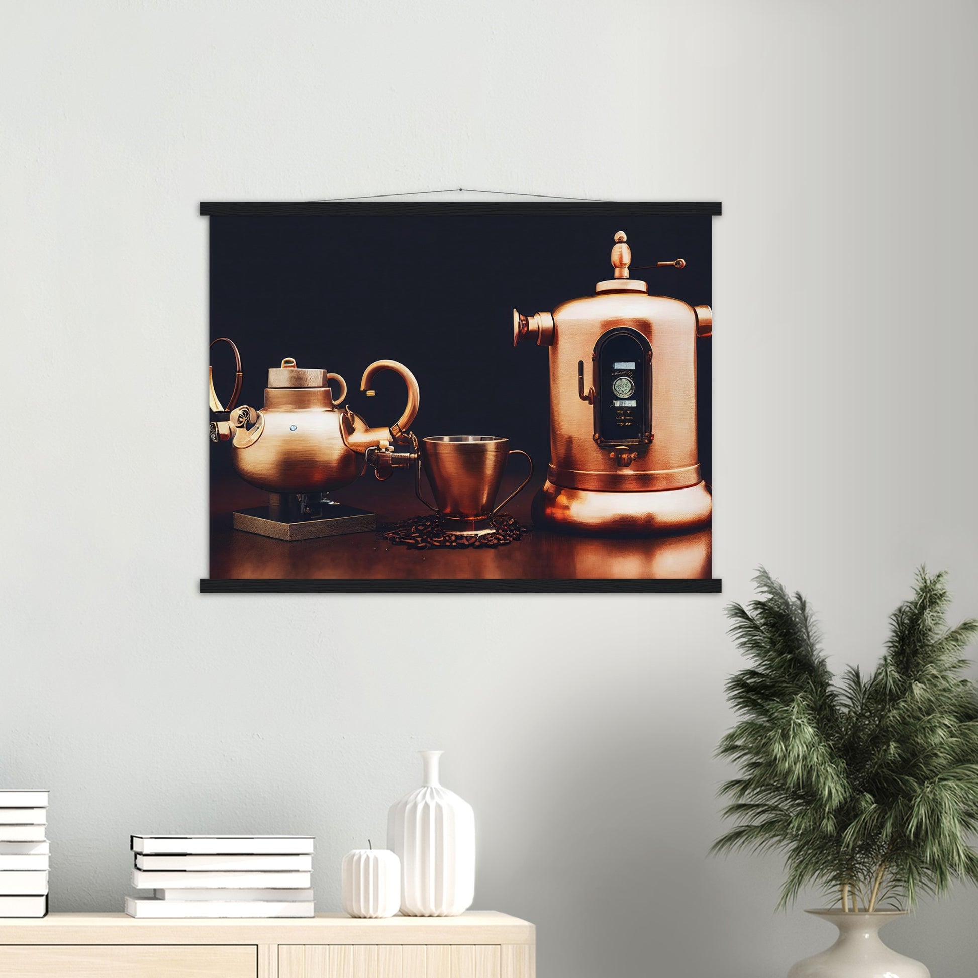 Poster mit Leisten (Holz) - in Museumsqualität - Steampunk - Coffee Maker - No.4 - Collection Cup - Pixelboys - Wandbild - Kunstwerk - Hotelkunst - Kunst auf Postern - Fine Art - Steampunk - Future - Maschine - Poster with frame - Office Poster - Art Brand - Pixelboys - Coffee House - Restaurant Poster - Wall Art - Kunstdruck - Geschenkidee - Kunst auf Acrylglas - Future Coffee Cup - Personalisierbare Tasse - Gastro Tasse - exklusiv - Acryldruck - Gastronomie Poster - Hotelposter - Steam Punk Kitchen -   