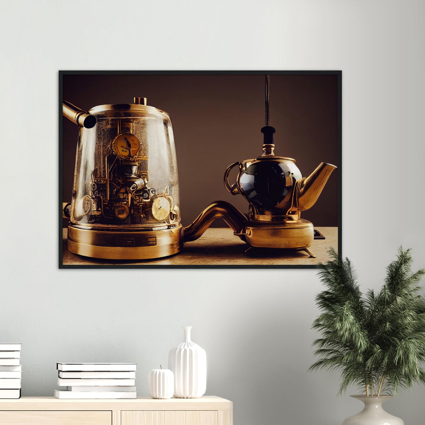 Poster mit Rahmen (Holz) - in Museumsqualität - Steampunk - Coffee Maker - No.2 - Pixelboys - Wandbild - Kunstwerk - Hotelkunst - Kunst auf Postern - Fine Art - Steampunk - Future - Maschine - Poster with frame - Office Poster - Art Brand - Pixelboys - Coffee House - Restaurant Poster - Schöner Wohnen - Dekoration - Wall Art - Kunstdruck - Geschenkidee - Kunst auf Acrylglas - Future Coffee Cup - Personalisierbare Tasse - Gastro Poster -  Gewerbliche Poster - exklusiv - Gastronomie Poster - Hotelposter -