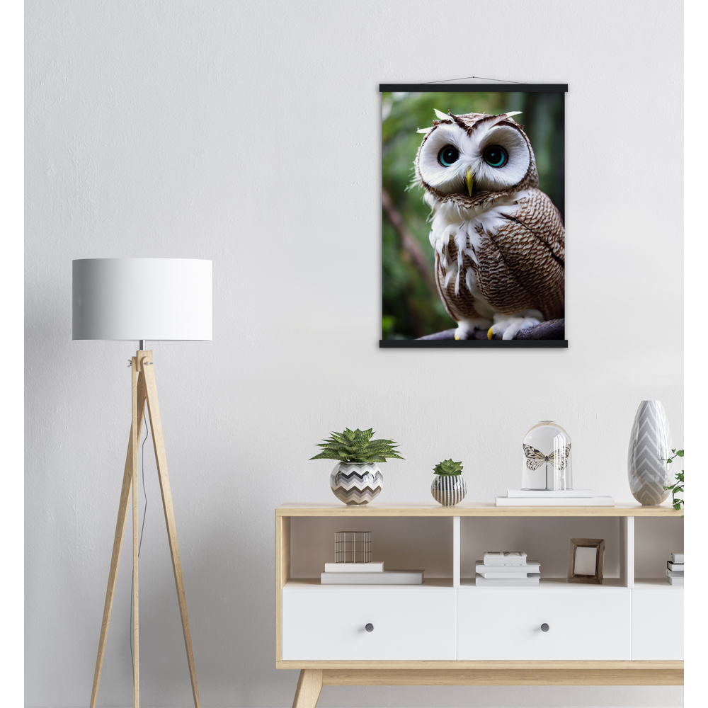 Poster mit Leisten (Holz) - Fruit Owl No.6 - "Cornelius", the coconut owl - Wandkunst - Museumsqualität - Kunstdruck - Kokusnuseule - Kokosnuss-Uhu (lat. bubo vaccinium)  - Acryldruck - Fruchteulen - coconut owl - Vogel - Uhu - Bird - Strigiformes - Noctua - Ornithologie - Kunstwerk  - Office Poster - Poster mit Rahmen - Kaffee Tasse - Poster mit Leisten - Bedruckte Tassen - Kunst Marke - Art Brand - Wandbild - Kunstdrucke - Papier: 250g/qm - Künstler: John Grayst & Pixelboys - Eulen - Owl - Geschenkidee - 