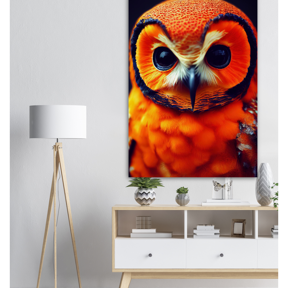 Poster in Museumsqualität - Fruit Owl No. 1 - "Orangina", the orange owl - Serie Fruit Owls - Schleiereulen - lat. Tytonidae - Fruchteulen - Vogel - Bird - Strigiformes - Noctua - Ornithologie - Kunstwerk - Acryldruck - Poster mit Rahmen - Poster mit Leisten - Bedruckte Tassen - Kunst Marke - Art Brand - Pixelboys - Kunstdruck - Acrylbild - Wandbild - Kunstdrucke - Papier: 250g/qm - Künstler: John Grayst & Pixelboys - Eulen - Owl-  - Atelier - England - London - Birmingham - Manchester - Leeds - Liverpool 