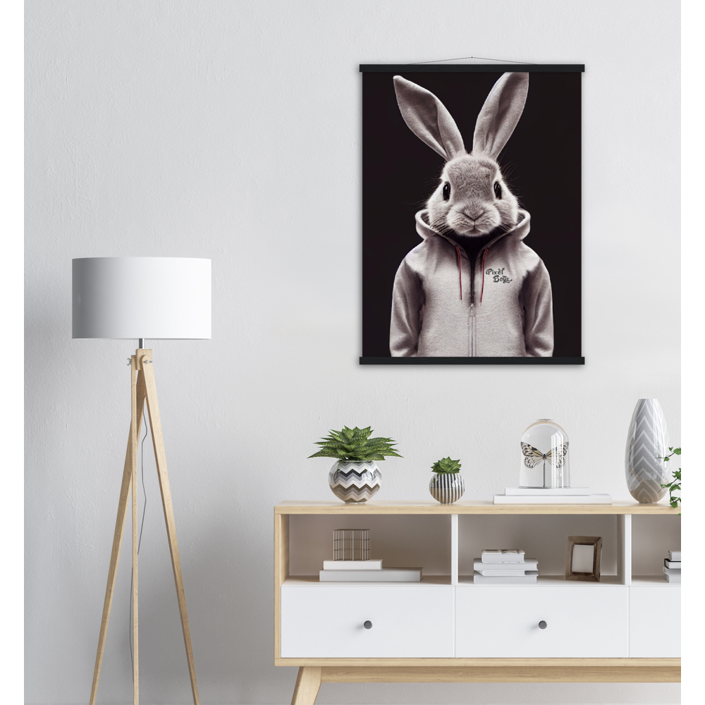 Poster mit Leisten (Holz) - Bunny in grey tracksuit - Fashion Gang - Wandbild - Ostern - Geschenkidee - Osterhase - Bunny Crew: "Valerian" - "Caesar" - "Constantin" - "Cleo"-Titus - Weisser Hase - Easter Bunny - Cute - grey tracksuit - sweats - Alice's Adventures in Wonderland - Modemarke - Pixelboys Brand - Valerian der Hase - Kaninchen  - Künstler: "Pixelboys" - Atelier - Germany - Berlin - Hamburg - Colgne - France - Paris - Italy - Rom - USA - America - New York City - Los Angeles - Chicago - 