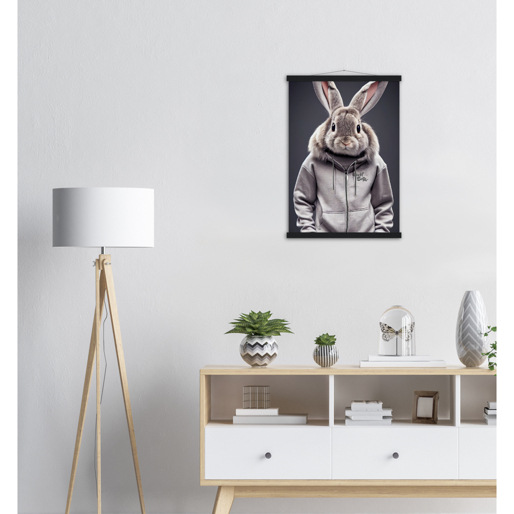 Poster mit Leisten (Holz) - Bunny in grey Tracksuit - "Titus" - Fashion Gang - Wandbild - Ostern - Geschenkidee - Osterhase - Bunny Crew: "Titus" - "Caesar" - "Constantin" - "Cleo" - Weisser Hase - Easter Bunny - Cute - grey tracksuit - sweats - Alice's Adventures in Wonderland - Modemarke - Pixelboys Brand - Constantin der Hase - Hase - Kaninchen  - Künstler: "Pixelboys" - Atelier - Germany - Berlin - Hamburg - Colgne - France - Paris - Italy - Rom - USA - America - New York City - Los Angeles - Chicago - 