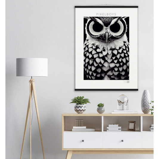 Poster mit Leisten (Holz) - Museumsqualität - Dark Owl, No. 1 - "Hedwig" - Vogel - Bird - Strigiformes - Noctua - Ornithologie - Kunstwerk - Museumsqualität - Acryldruck - Poster mit Rahmen - Poster mit Leisten - Bedruckte Tassen - Kunst Marke - Art Brand - Pixelboys - Kunstdruck - Wandbild - Kunstdrucke - Papier: 250g/qm - Künstler: John Grayst & Pixelboys - Eulen - Owl-  - Atelier - England - London - Birmingham–Wolverhampton - Manchester - Leeds Bradfort - Liverpool  