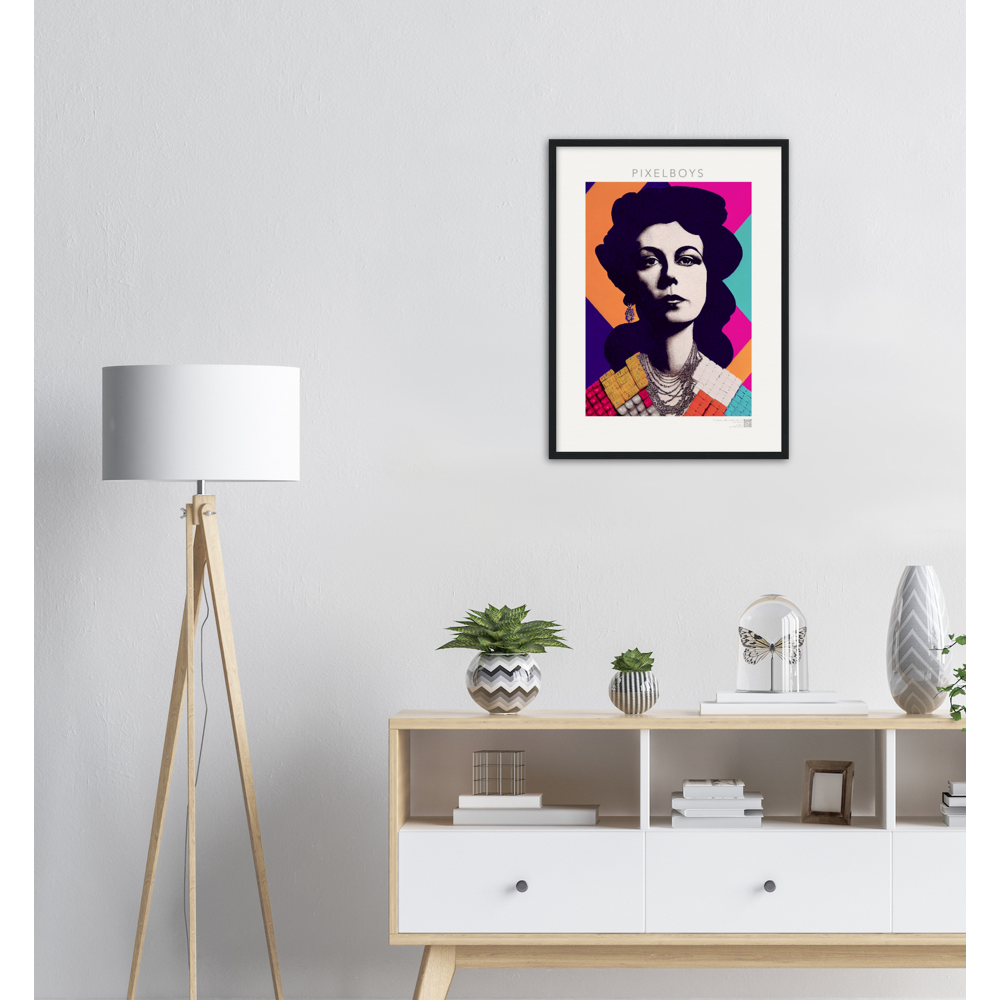 Poster mit Rahmen (Holz) - in Museumsqualität - The Queen No.3 - HRH in cubes - Kunstdruck - 250g/qm - Queen Elisabeth II - Monarch - HRH - His/Her Royal Highness - Groß Britannien - Commonwealth - The Royal Family - Wandbild - Kubismus - synthetischen Kubismus - Georges Braque - Künstler: "John Grayst" - Atelier - UK - GB - London - 