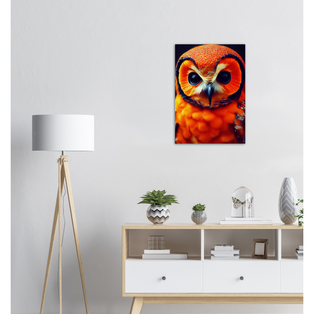 Poster in Museumsqualität - Fruit Owl No. 1 - "Orangina", the orange owl - Serie Fruit Owls - Schleiereulen - lat. Tytonidae - Fruchteulen - Vogel - Bird - Strigiformes - Noctua - Ornithologie - Kunstwerk - Acryldruck - Poster mit Rahmen - Poster mit Leisten - Bedruckte Tassen - Kunst Marke - Art Brand - Pixelboys - Kunstdruck - Acrylbild - Wandbild - Kunstdrucke - Papier: 250g/qm - Künstler: John Grayst & Pixelboys - Eulen - Owl-  - Atelier - England - London - Birmingham - Manchester - Leeds - Liverpool 