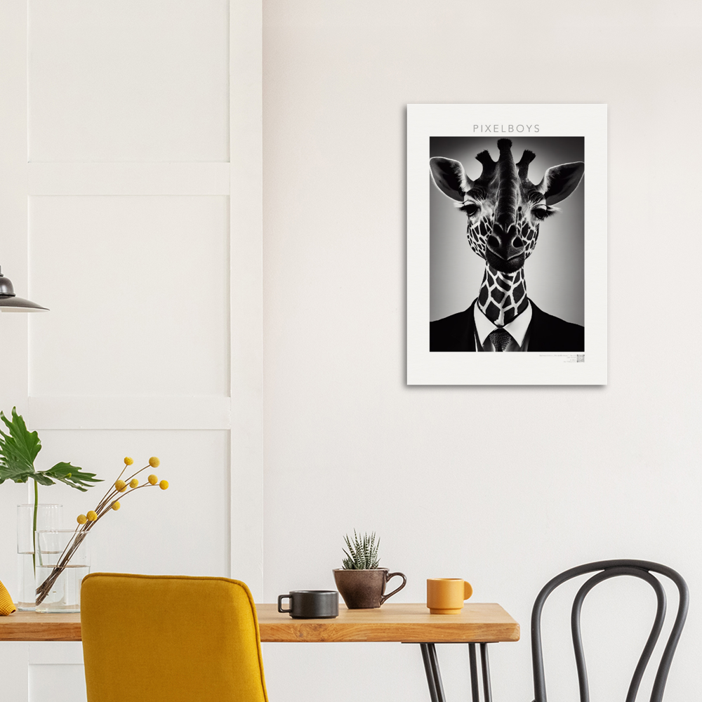 Poster - "The giraffe knows" - Business Animals No. 2 "Bridget" (Giraffe) - Künstler: "John Grayst" Kunstdruck - Wandbild - Pixelboys - Atelier - Milano - Berlin - Munich - Madrid - New York - Dubai - Paris - Tokio - Rom - Lisbon - Ottawa - Bern Switzerland - Amsterdam - Seoul - Vancouver - Antwerpen -