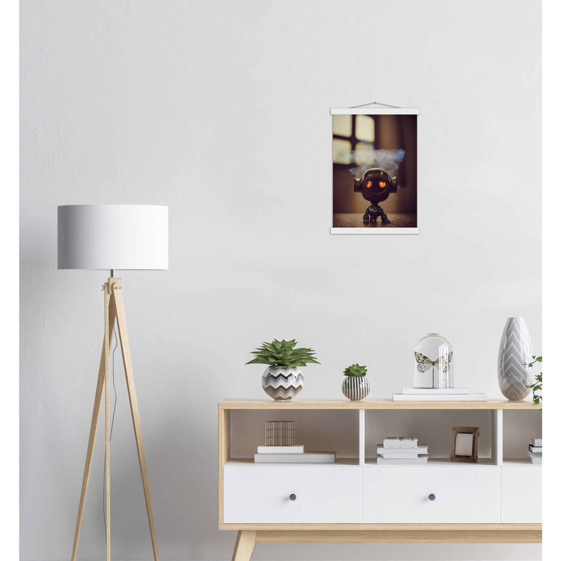 Poster mit Leisten (Holz) in Museumsqualität - Tiny robot - with smoke around his head - "Tiny Tim" - Wandbild - Customizable Coffee Cup - Personalized Gifts - Kunstdruck - Rauchender Roboter - Steampunk - Acryldruck - Smoking Robots - Personalized Gifts - Poster with frame - nr.5 lebt - zukunft - Kunstwerk - Office Poster - Poster mit Rahmen - Kaffee Tasse  - Bedruckte Tassen - Kunst Marke - Art Brand - Wandbild - Kunstdrucke - Künstler: John Grayst & Pixelboys - emotional robots - Geschenkidee -