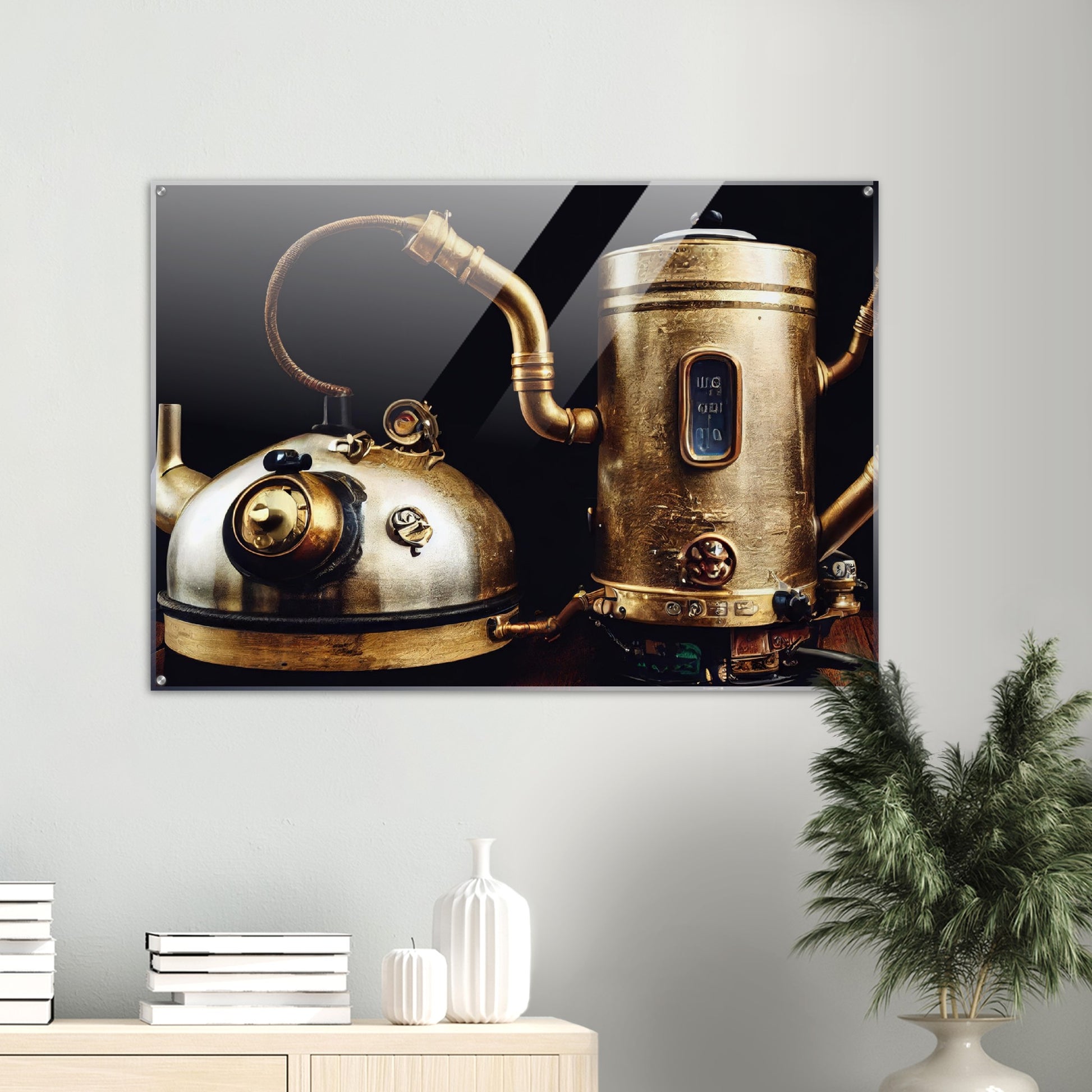 Acrylbild auf Glas in Museumsqualität - Steampunk - Coffee Maker - No.3 - Collection Cup - Pixelboys - Wandbild - Kunstwerk - Hotelkunst - Kunst auf Postern - Fine Art - Steampunk - Future - Maschine - Poster with frame - Office Poster - Art Brand - Pixelboys - Coffee House - Restaurant Poster - Wall Art - Kunstdruck - Geschenkidee - Kunst auf Acrylglas - Future Coffee Cup - Personalisierbare Tasse - Gastro Tasse - exklusiv - Gastronomie Poster - Hotelposter - Steam Punk Kitchen - Acryldruck