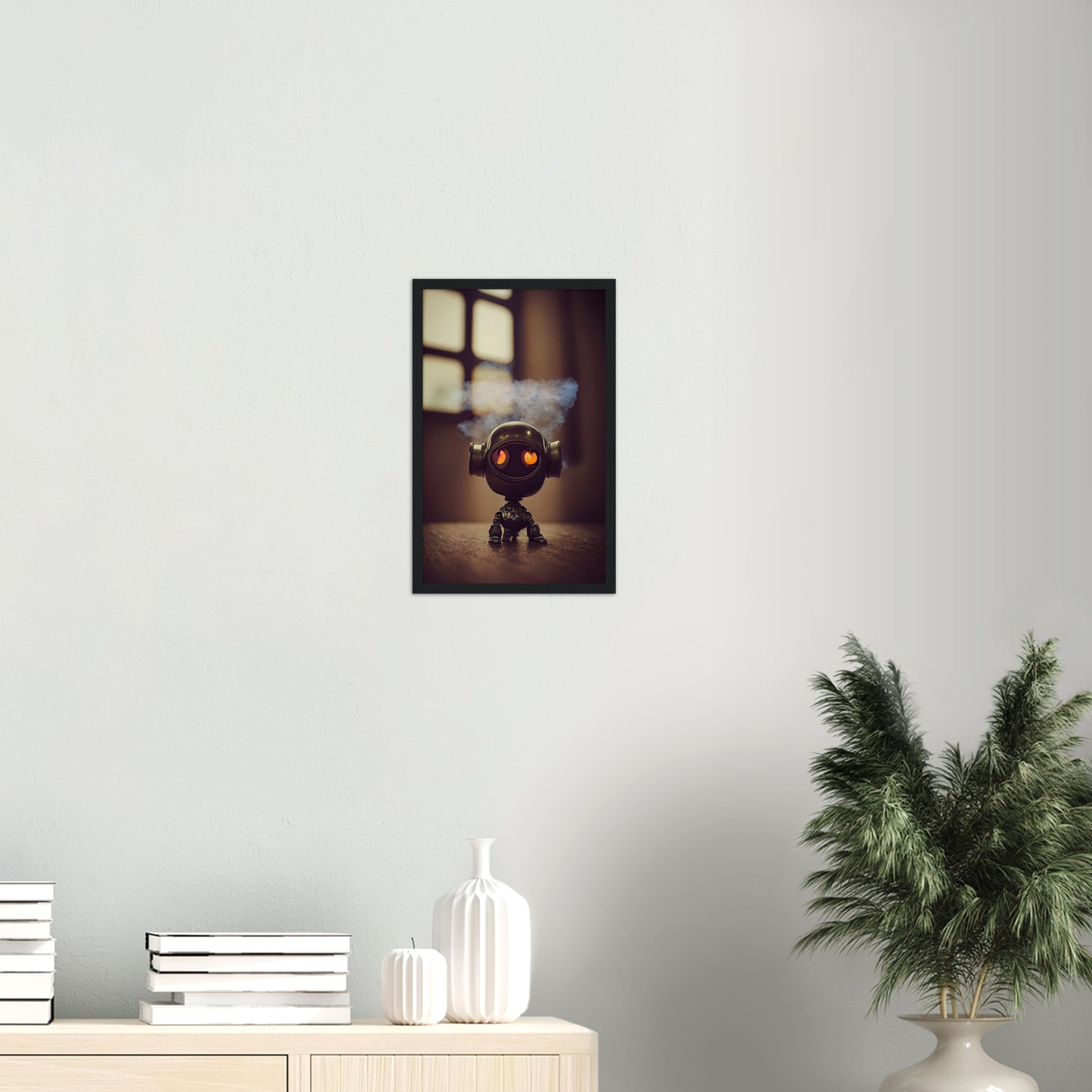 Poster mit Rahmen (Holz) - in Museumsqualität - Tiny robot - with smoke around his head - "Tiny Tim" - Wandbild - Customizable Coffee Cup - Personalized Gifts - Kunstdruck - Rauchender Roboter - Steampunk - Acryldruck - Smoking Robots - Personalized Gifts - Poster with frame - nr.5 lebt - zukunft - Kunstwerk - Office Poster - Poster mit Rahmen - Kaffee Tasse  - Bedruckte Tassen - Kunst Marke - Art Brand - Wandbild - Kunstdrucke - Künstler: John Grayst & Pixelboys - emotional robots - Geschenkidee -