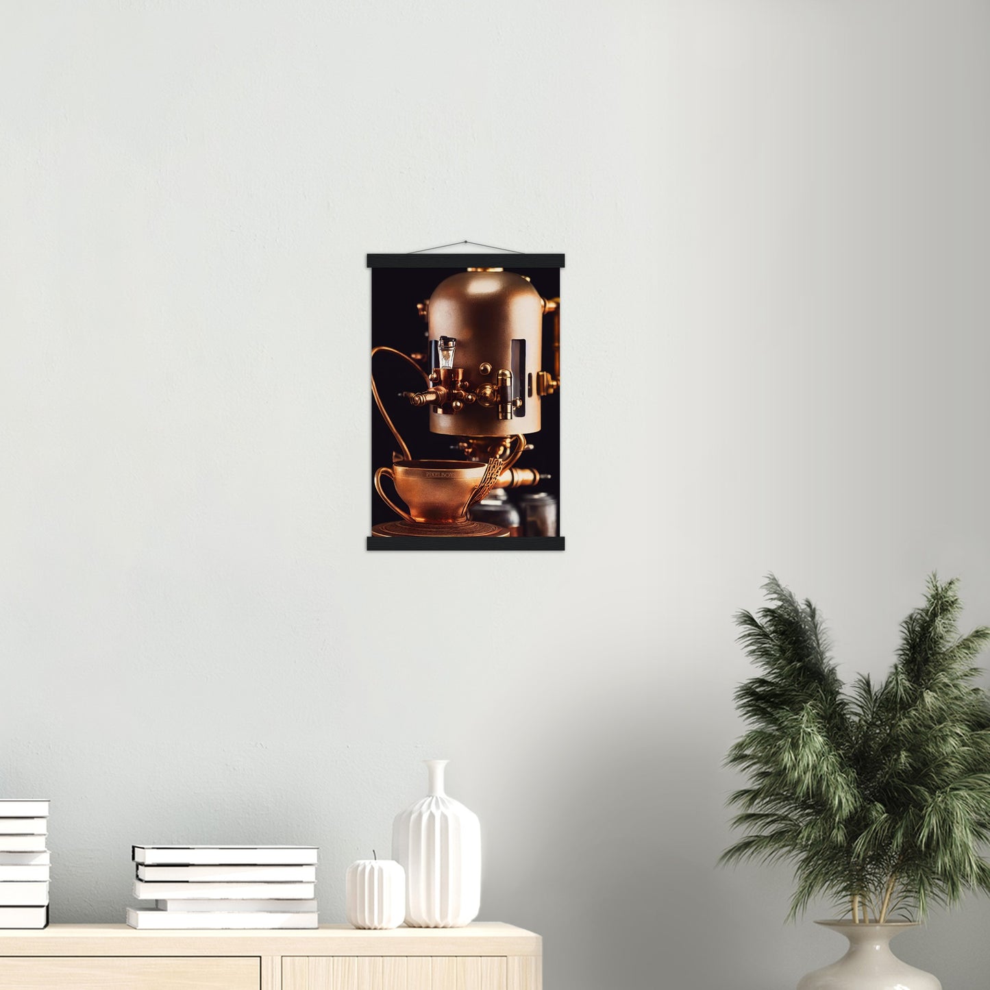 Poster mit Leisten (Holz) - Steampunk - Coffee Maker - No.7 - Collection Cup - Pixelboys - Wandbild - Kunstwerk - Hotelkunst - Kunst auf Postern - Fine Art - Steampunk - Future - Maschine - Poster with frame - Office Poster - Art Brand - Pixelboys - Coffee House - Restaurant Poster - Wall Art - Kunstdruck - Geschenkidee - Kunst auf Acrylglas - Future Coffee Cup - Personalisierbare Tasse - Gastro Tasse - exklusiv - Acryldruck - Gastronomie Poster - Hotelposter - Teestube - Steam Punk Kitchen -   