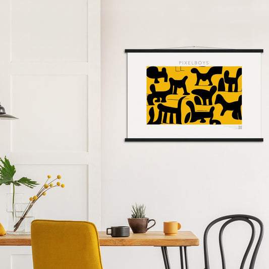 Poster mit Leisten (Holz) - Doodlemania "weird animals on yellow" - No.3 - bedruckte Tasse-  gelb - Cup - Hunde - Katzen - Doodle Kunst - dogs - Cats - gastro - Poster mit Rahmen - doodle artwork - Acrylbild - Kunstdruck - Wandbild - office Poster - Poster with frame -  Künstler: Pixelboys & The Unknown Artist Nb.517 - keith haring - Gastro Art - anti stress art - Art Brand - Kunstdruck - Gastro Tasse - 