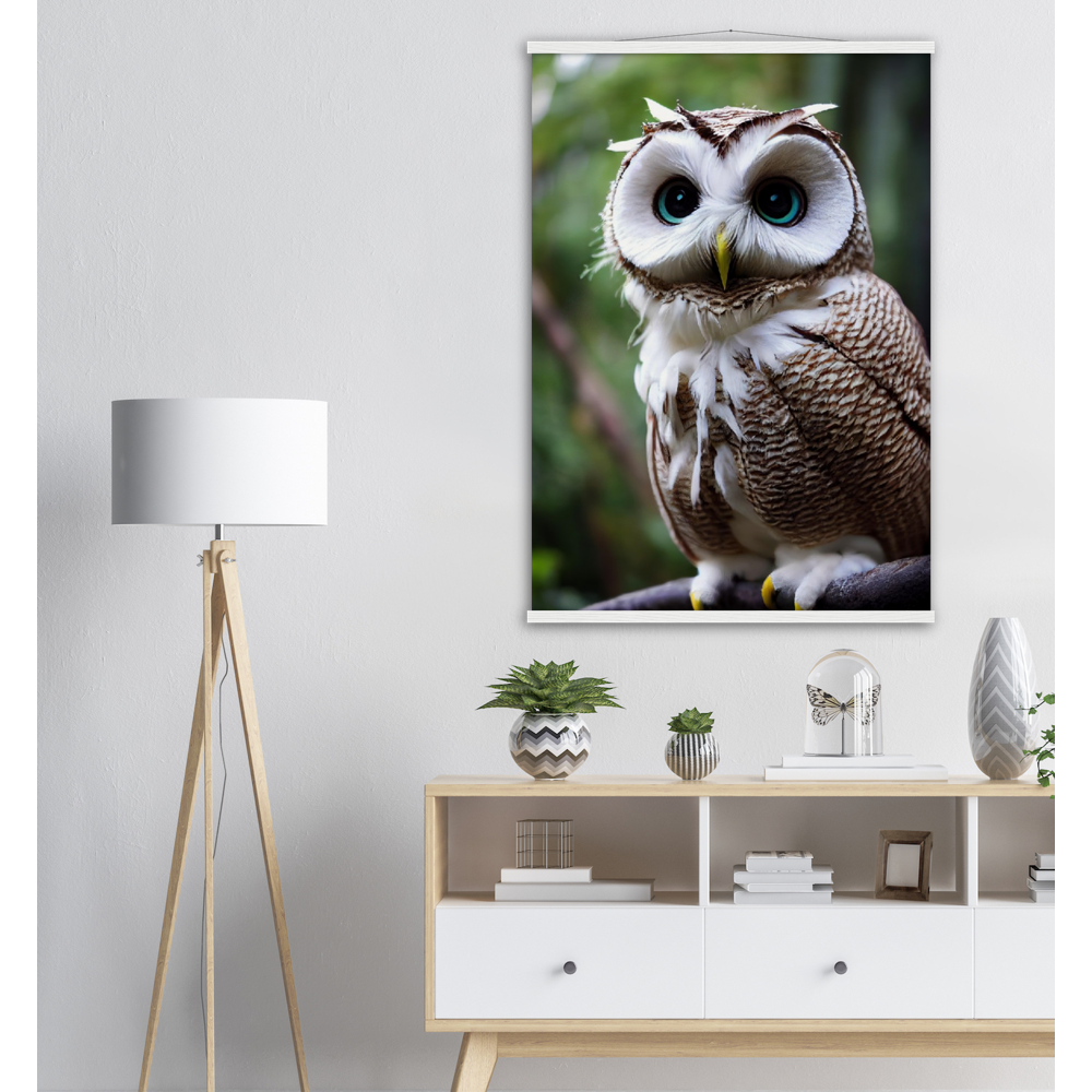 Poster mit Leisten (Holz) - Fruit Owl No.6 - "Cornelius", the coconut owl - Wandkunst - Museumsqualität - Kunstdruck - Kokusnuseule - Kokosnuss-Uhu (lat. bubo vaccinium)  - Acryldruck - Fruchteulen - coconut owl - Vogel - Uhu - Bird - Strigiformes - Noctua - Ornithologie - Kunstwerk  - Office Poster - Poster mit Rahmen - Kaffee Tasse - Poster mit Leisten - Bedruckte Tassen - Kunst Marke - Art Brand - Wandbild - Kunstdrucke - Papier: 250g/qm - Künstler: John Grayst & Pixelboys - Eulen - Owl - Geschenkidee - 