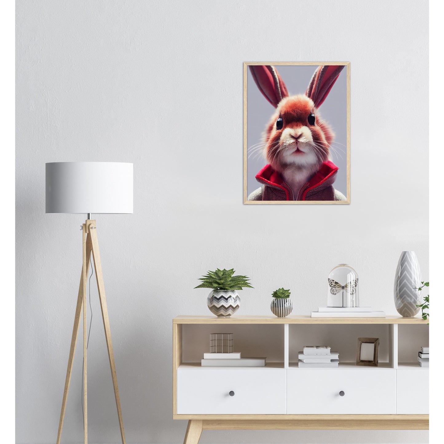 Poster mit Rahmen (Holz)- Museumsqualität - Bunny in grey red tracksuit - "Julius" - personalized mug - customized mug - Cute rabbit - Marke:- Pixelboys - Brand - Art Prints - Marke - Wandkunst - Papierstärke: 250g/qm - Wall Art - Bunny crey - Skater Betty - Hasen Gang - Original - Künstler:Pixelboys - Poster with frame - Office Poster - Trend - Wandschmuck - Atelier USA - 