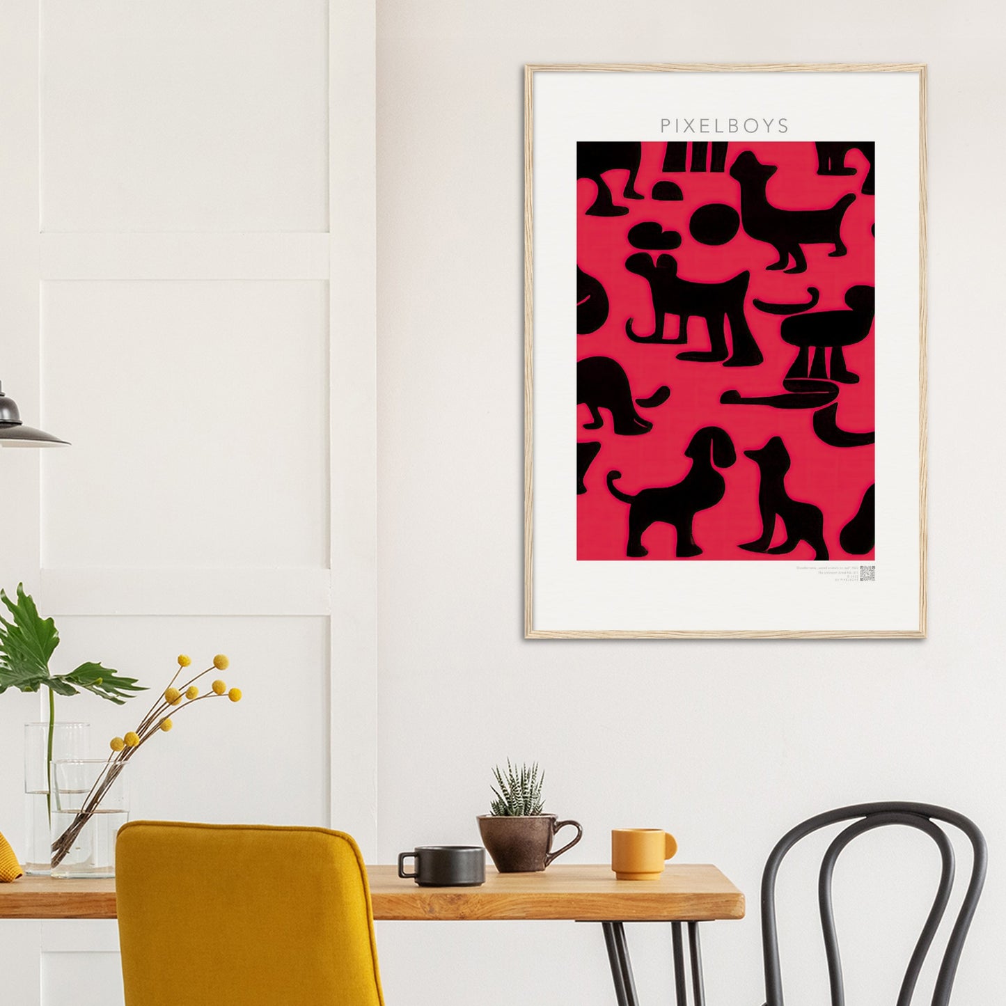 Poster mit Rahmen (Holz) - in Museumsqualität - Doodlemania "weird animals on red"- No.2 - Hunde - Katzen - Doodle Kunst - dogs - Cats - gastro - Poster mit Rahmen - doodle artwork - Acrylbild - Kunstdruck - Wandbild - office Poster - Poster with frame -  Künstler: Pixelboys & The Unknown Artist Nb.517 - keith haring - anti stress art - Gastro Art -Art Brand - 