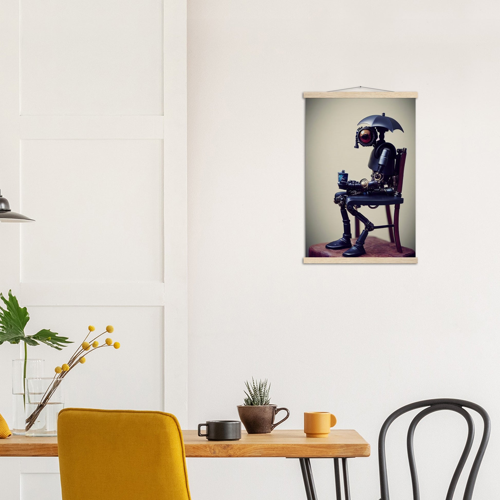  Poster mit Leisten (Holz) in Museumsqualität - Tiny robot with an umbrella "Louis" - Regenschirm - Acryldruck - Wandkunst - Customizable Coffee Cup - Personalized Gifts - Kunstdruck - Kleine Roboter - Acryldruck - Little Robots - Personalized Gifts - Tiny  - Steampunk - zukunft - Poster with frame - Kunstwerk - Office Poster - Poster mit Rahmen - Kaffee Tasse - Poster - Bedruckte Tassen - Kunst Marke - Art Brand - Kunstdrucke - Künstler: John Grayst & Pixelboys - emotional robots - Geschenkidee -