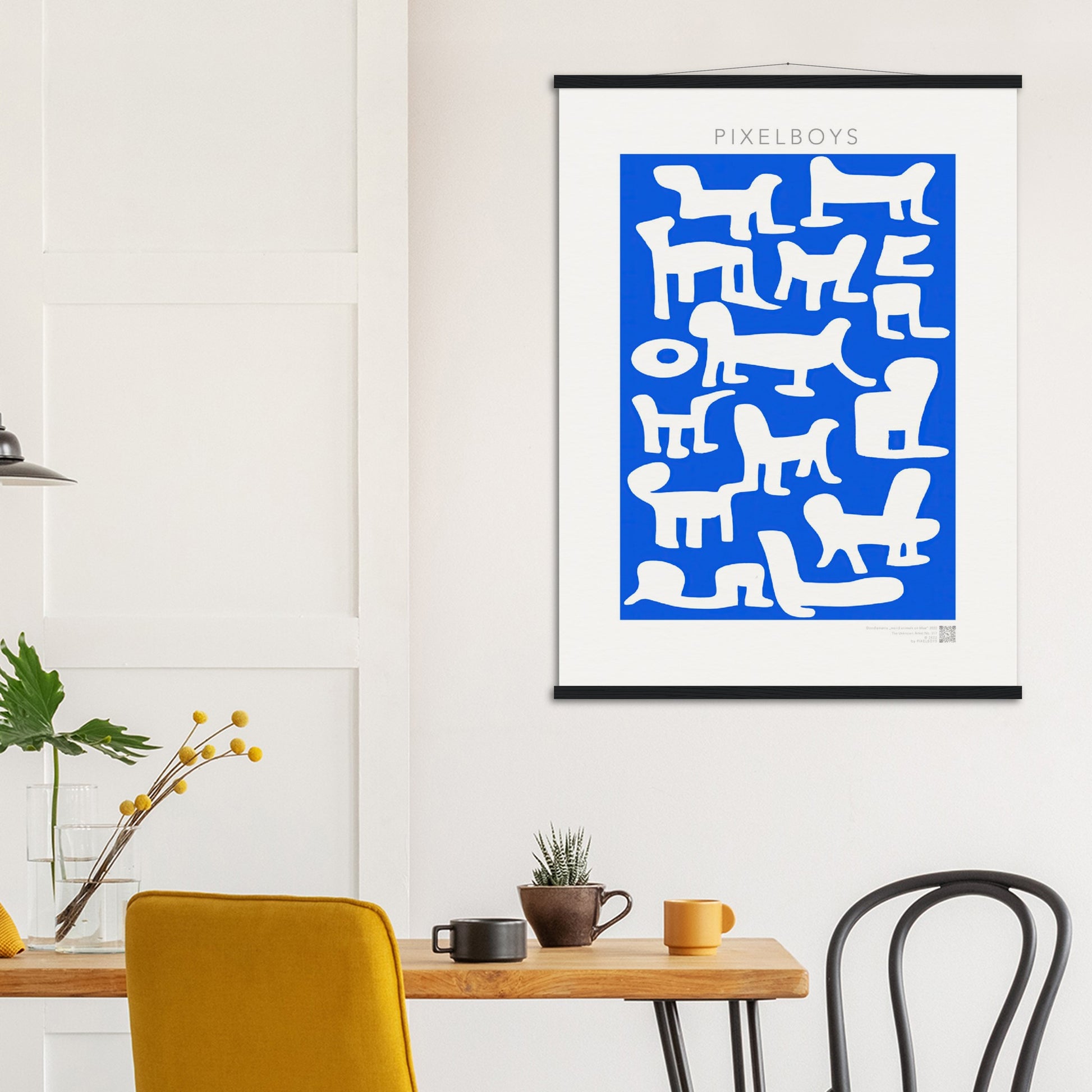 Poster mit Leisten (Holz) - in Museumsqualität - Doodlemania "weird animals on blue" - No.1 - Hunde - Katzen - Doodle Kunst - Poster mit Rahmen - doodle artwork - Acrylbild - Kunstdruck - Wandbild - office Poster - Poster with frame -  Künstler: Pixelboys & The Unknown Artist Nb.517 - keith haring - anti stress art - Art Brand - 