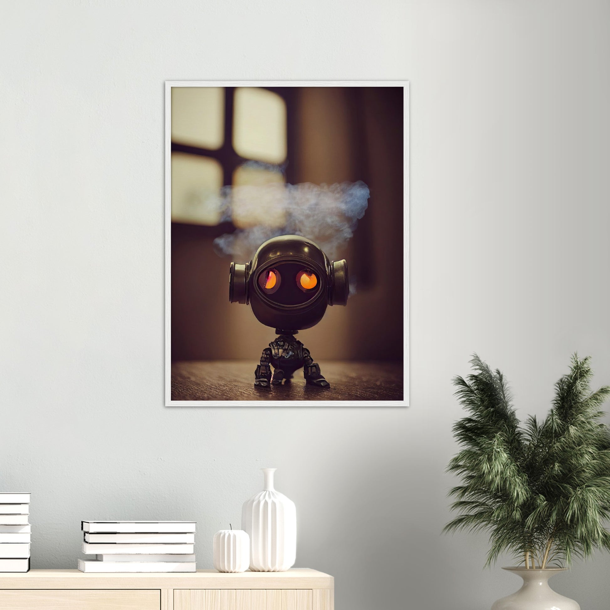 Poster mit Rahmen (Holz) - in Museumsqualität - Tiny robot - with smoke around his head - "Tiny Tim" - Wandbild - Customizable Coffee Cup - Personalized Gifts - Kunstdruck - Rauchender Roboter - Steampunk - Acryldruck - Smoking Robots - Personalized Gifts - Poster with frame - nr.5 lebt - zukunft - Kunstwerk - Office Poster - Poster mit Rahmen - Kaffee Tasse  - Bedruckte Tassen - Kunst Marke - Art Brand - Wandbild - Kunstdrucke - Künstler: John Grayst & Pixelboys - emotional robots - Geschenkidee -