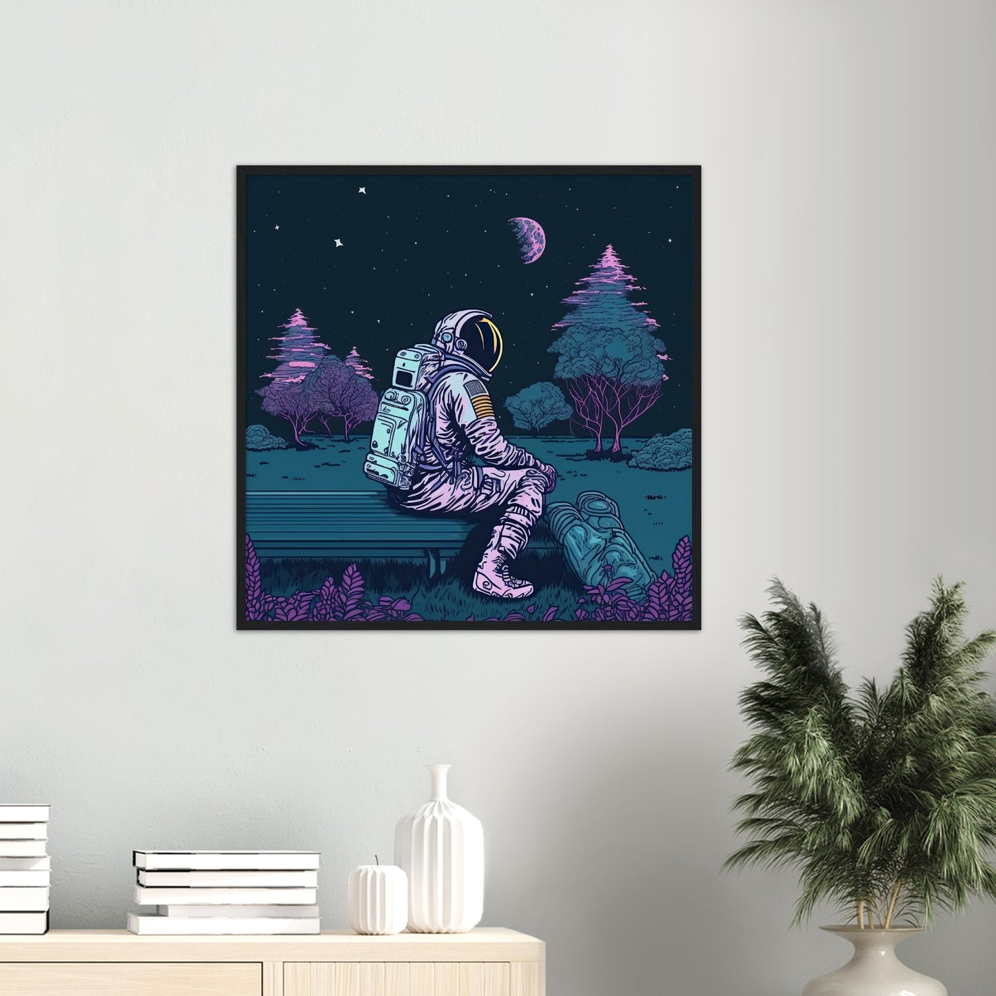 Poster mit Rahmen (Holz) - in Museumsqualität - Stargazing Astronaut - John - Illustration - Astronaut - Parkbank - Rocketman - Posterleisten - USA - Fineart - Posterrahmen  - Wandkunst - Holzrahmen - Poster with frame - artwork - art brand - printed cup personalized - Holzleisten - pixelboys - Kunstdrucke - wandbilder - wall art - Kunst auf Tassen  - Office Poster - Gastrotassen - Wanddekoration - Acrylkunst - Geschenkidee - Office Poster - Acryldruck - Abstrakte Kunst -