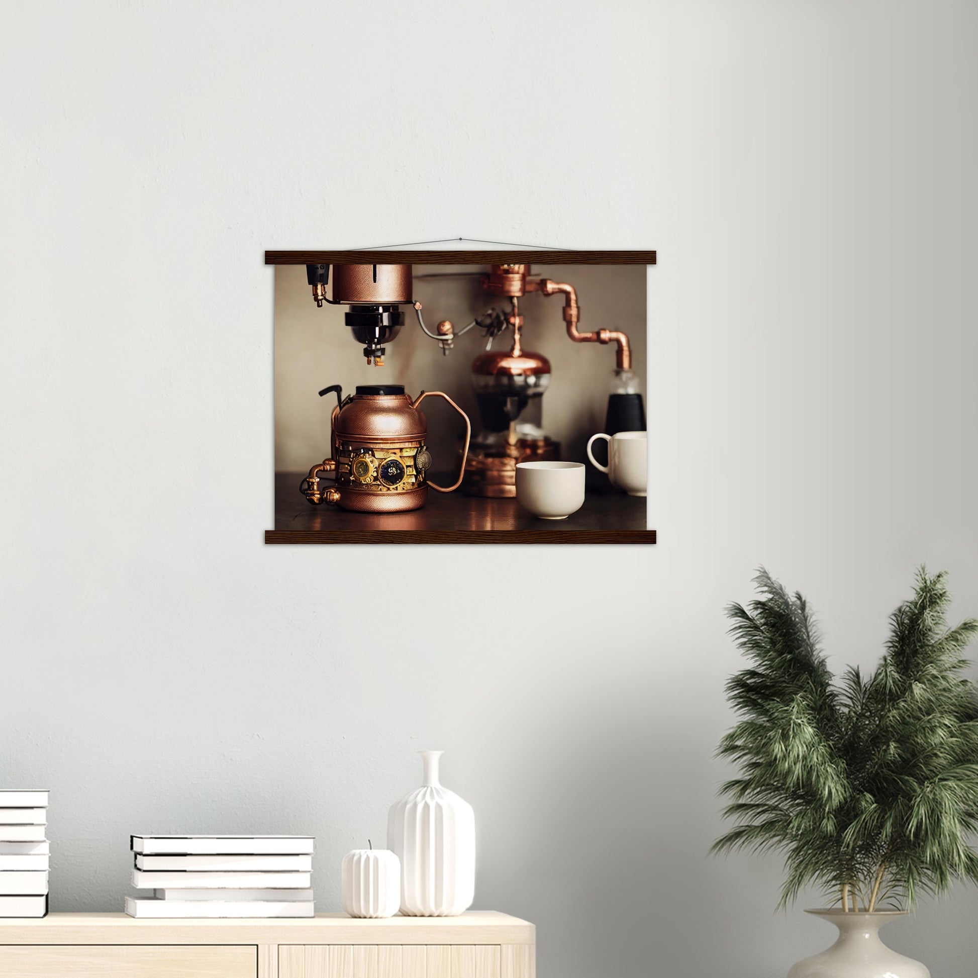 Poster mit Leisten (Holz) - in Museumsqualität - Steampunk - Coffee Maker - No.1 - Wandbild - Kunstwerk - Kunst auf Postern - Fine Art - Steampunk - Future - Maschine - Poster with frame - Office Poster - Art Brand - Pixelboys - Coffee House - Restaurant Poster - Schöner Wohnen - Dekoration - Wall Art - Kunstdruck - Geschenkidee - Kunst auf Acrylglas - Personalisierbare Tasse - Gastro Poster - Gewerbliche Poster - exklusiv