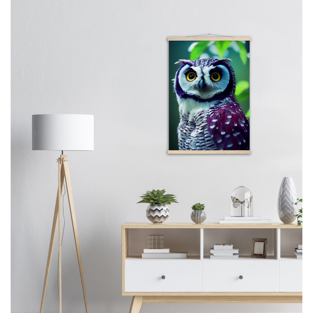 Poster mit Leisten (Holz) - Fruit Owl No.5 - "Sini", the bluberry owl - Wandkunst - Kunstdruck - Heidelbeereule - (lat. bubo vaccinium) - Teebecher - Heidelbeere Eule - Fruchteulen - blueberry owl- Vogel - Uhu - Bird - Strigiformes - Noctua - Ornithologie - Kunstwerk  - Office Poster - Poster mit Rahmen - Kaffee Tasse - Poster mit Leisten - Bedruckte Tassen - Kunst Marke - Art Brand - Acryldruck - Wandbild - Kunstdrucke - Papier: 250g/qm - Künstler: John Grayst & Pixelboys - Eulen - Owl - Geschenkidee - 