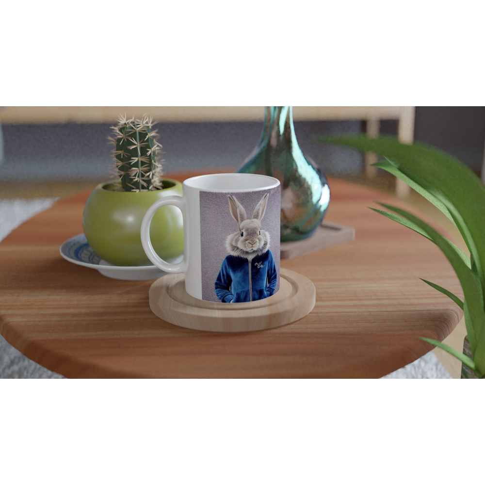 Personalisierte Tasse - Bunny in blue Tracksuit - "Caesar" - Fashion - Gang - Bedruckte Tasse - Ostern - Geschenkidee - Osterhase - Bunny Crew: "Caesar" - "Constantin" - "Titus" - "Cleo" - Weisser Hase - Easter Bunny - Cute - blue Tracksuit - sweats - Gang - Modemarke -Pixelboys Brand - Caesar der Hase - Meister Lampe - Hase - Kaninchen - Karnickel - Künstler: "Pixelboys" - Atelier - Germany - Berlin - Hamburg - Colgne - France - Paris - Italy - Rom - USA - America - New York City - Los Angeles - Chicago - 