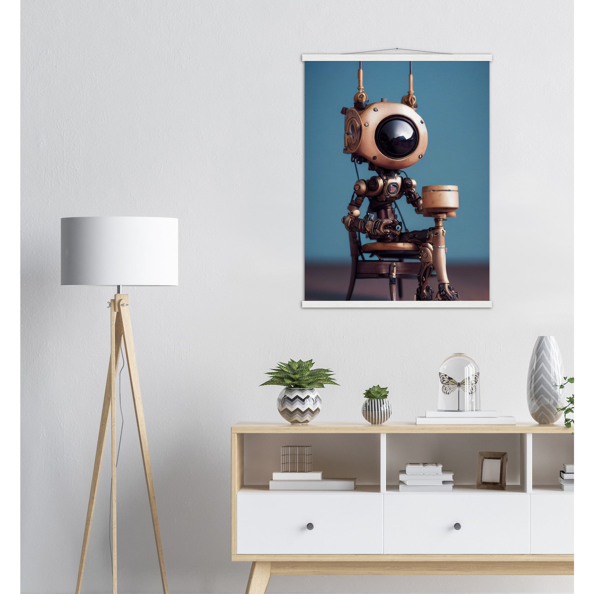 Poster mit Leisten (Holz) in Museumsqualität - Tiny robot with a present - "Tiny Sam" - Wandbild - Customizable Coffee Cup - Personalized Gifts - Kunstdruck - Roboter mit Geschenk - Steampunk - Acryldruck - Present Robots - Personalized Gifts - Poster with frame - nr.5 lebt - zukunft - Kunstwerk - Office Poster - Poster mit Rahmen - Kaffee Tasse  - Bedruckte Tassen - Kunst Marke - Art Brand - Wandbild - Kunstdrucke - Künstler: John Grayst & Pixelboys - emotional robots - Geschenkidee - Wall Art -