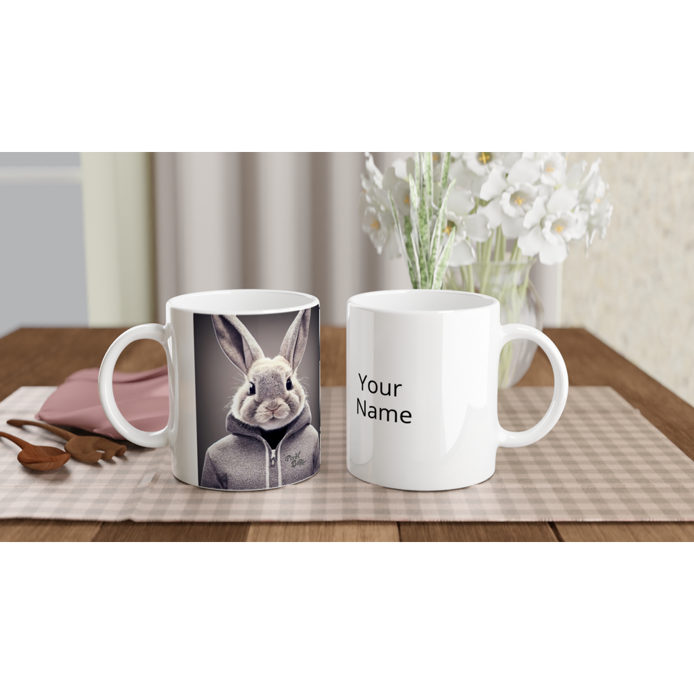 Personalisierte Tasse - Bunny in grey Hoodie - "Constantin" - Fashion Gang - Becher - Ostern - Geschenkidee - Osterhase - Bunny Crew: "Constantin" - "Caesar" - "Titus" - "Cleo" - Weisser Hase - Easter Bunny - Cute - grey tracksuit - sweats - Alice's Adventures in Wonderland - Modemarke - Pixelboys Brand - Constantin der Hase - Hase - Kaninchen  - Künstler: "Pixelboys" - Atelier - Germany - Berlin - Hamburg - Colgne - France - Paris - Italy - Rom - USA - America - New York City - Los Angeles - Chicago - 