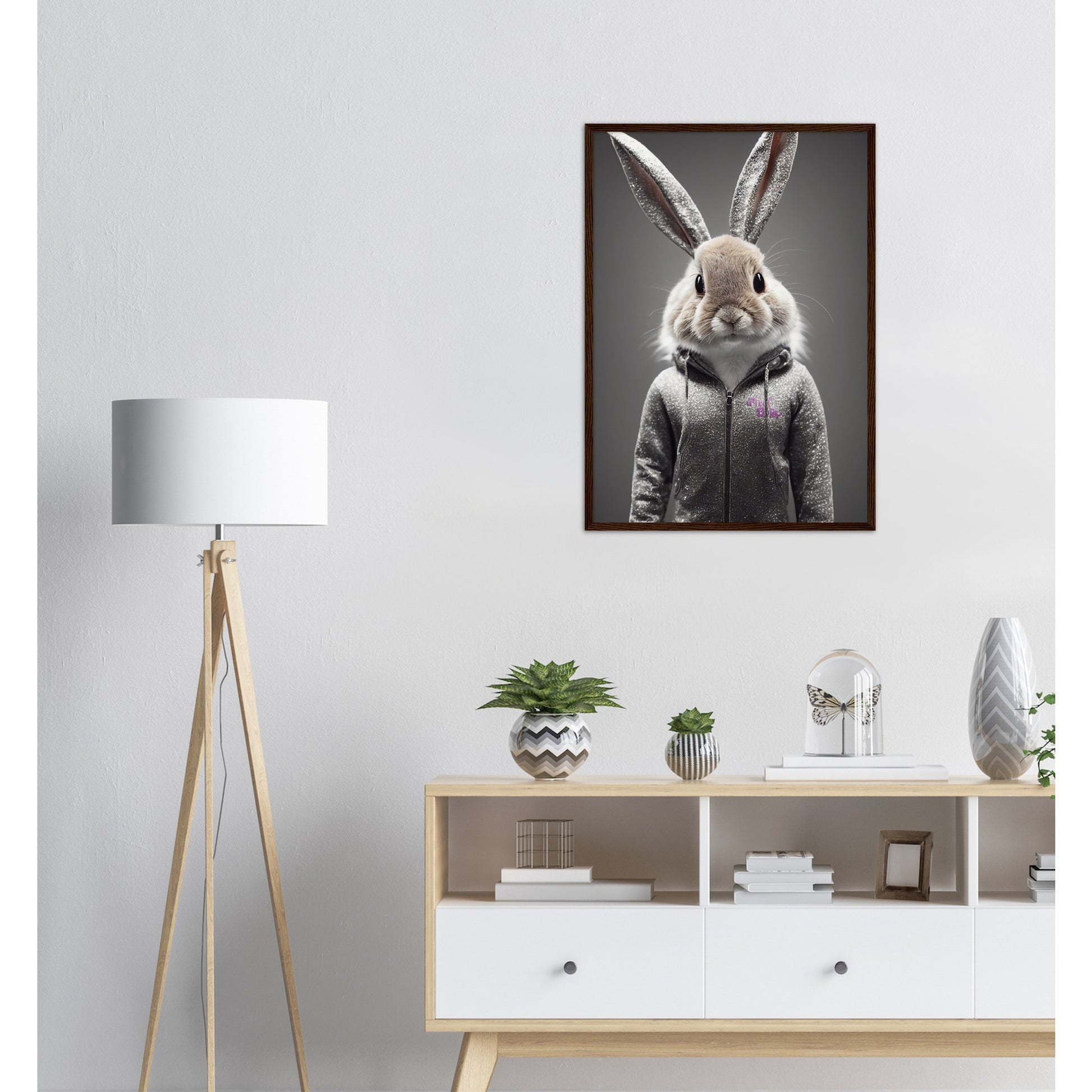 Poster mit Rahmen (Holz) - in Museumsqualität - Bunny in grey tracksuit - "Cleo" - Cute - Marke:Pixelboys - Brand - Art Prints - Marke - Wandkunst - Papierstärke: 250g/qm - Wall Art - Bunny crey - Skater Betty - Hasen Gang - Original - Künstler:Pixelboys - Poster with frame - Office Poster - Trend - Wandschmuck - Atelier USA - 