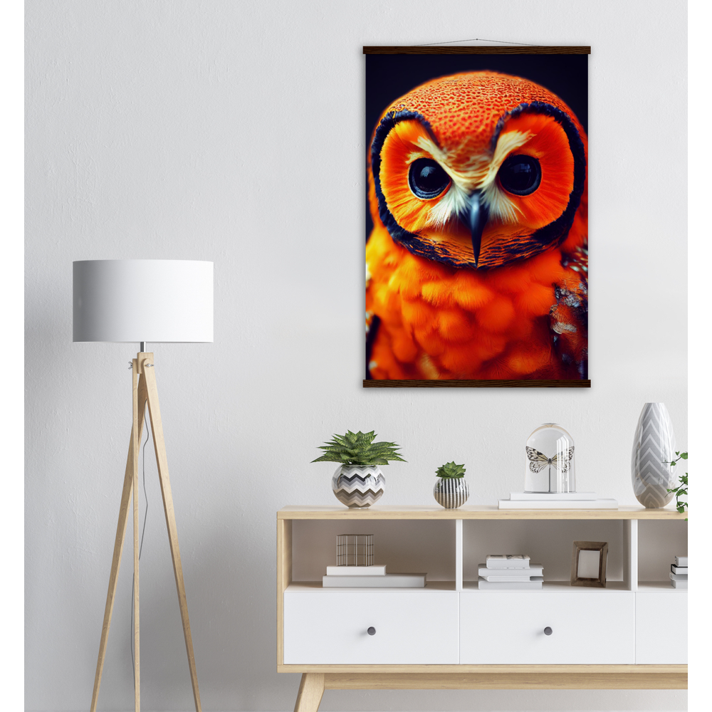 Poster mit Leisten (Holz) - Fruit Owl No. 1 - "Orangina", the orange owl - Serie Fruit Owls - Schleiereulen - lat. Tytonidae - Fruchteulen - Vogel - Bird - Strigiformes - Noctua - Ornithologie - Kunstwerk - Acryldruck - Poster mit Rahmen - Poster mit Leisten - Bedruckte Tassen - Kunst Marke - Art Brand - Pixelboys - Kunstdruck - Acrylbild - Wandbild - Kunstdrucke - Papier: 250g/qm - Künstler: John Grayst & Pixelboys - Eulen - Owl-  - Atelier - England - London - Birmingham - Manchester - Leeds - Liverpool  