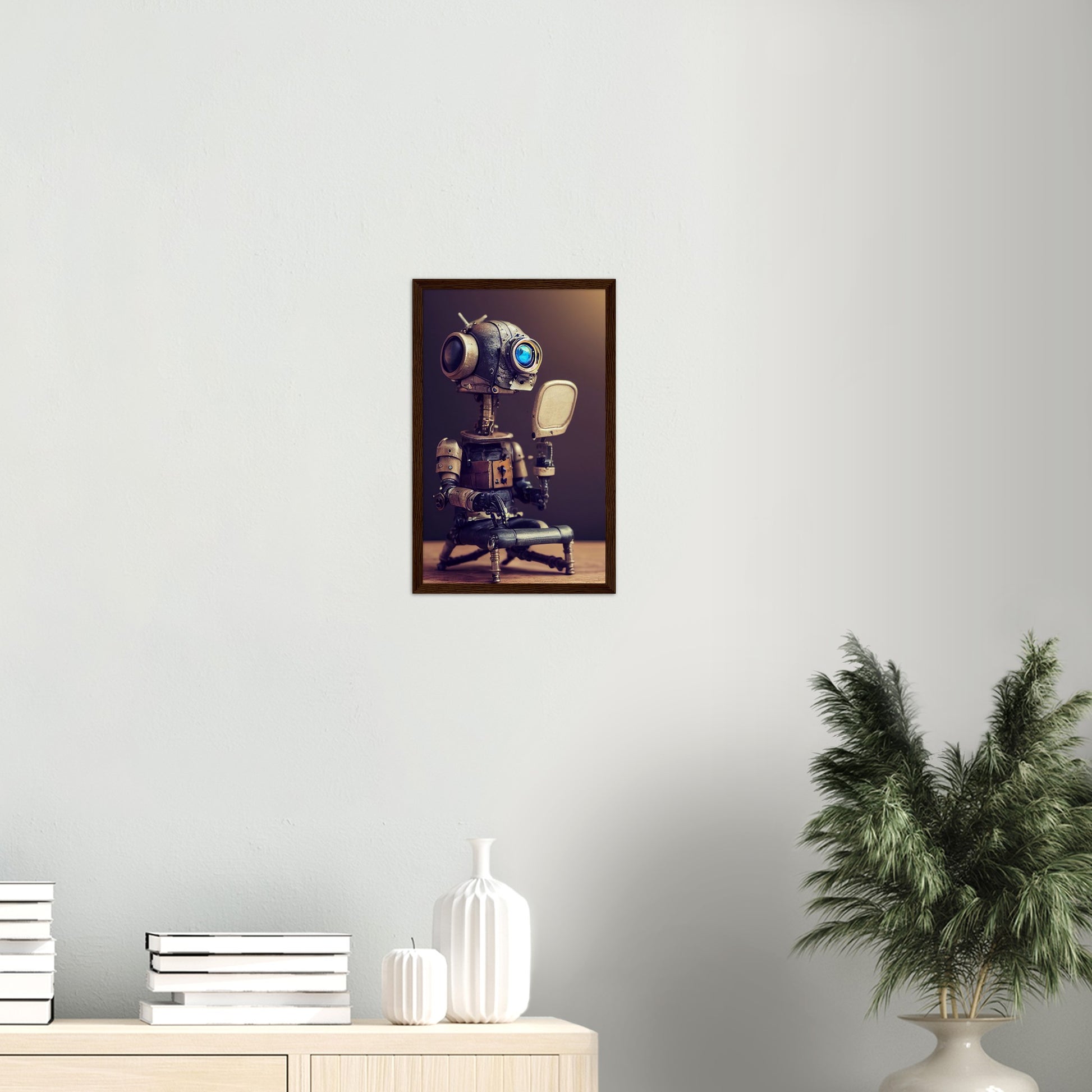 Poster mit Rahmen (Holz) in Museumsqualität - Tiny robot with a mirror - Hitoshi 人 - Wall Art - Spiegel - Acryldruck - Wandkunst - Customizable Coffee Cup - Personalized Gifts - Kunstdruck - Kleine Roboter - Acryldruck - Little Robots - Personalized Gifts - Tiny  - Steampunk - zukunft - Poster with frame - Kunstwerk - Office Poster - Poster mit Rahmen - Kaffee Tasse - Poster - Bedruckte Tassen - Kunst Marke - Art Brand - Kunstdrucke - Künstler: John Grayst & Pixelboys - emotional robots - Geschenkidee - 