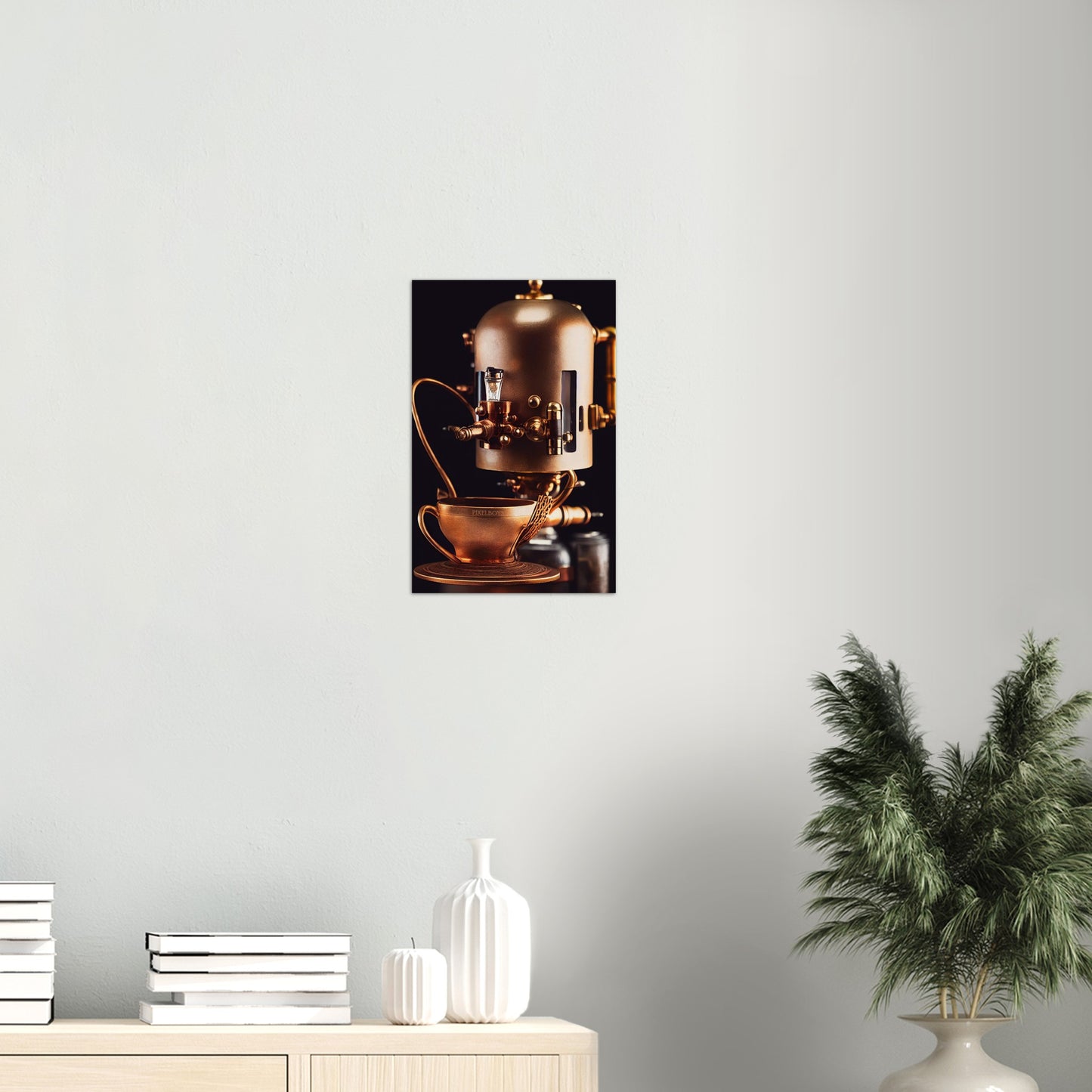 Poster in Museumsqualität - Steampunk - Coffee Maker - No.7 - Collection Cup - Pixelboys - Wandbild - Kunstwerk - Hotelkunst - Kunst auf Postern - Fine Art - Steampunk - Future - Maschine - Poster with frame - Office Poster - Art Brand - Pixelboys - Coffee House - Restaurant Poster - Wall Art - Kunstdruck - Geschenkidee - Kunst auf Acrylglas - Future Coffee Cup - Personalisierbare Tasse - Gastro Tasse - exklusiv - Acryldruck - Gastronomie Poster - Hotelposter - Teestube - Steam Punk Kitchen -   