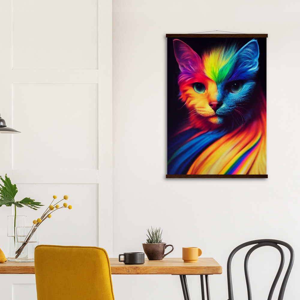 Poster Set mit Leisten aus Holz - Farbenfrohe Regenbogen Katze "Kitty" - Pride Bewegung Maskottchen -