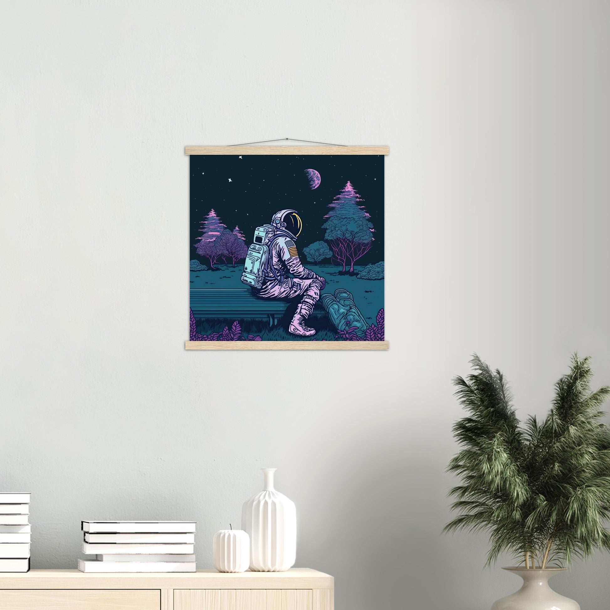 Poster mit Leisten (Holz) - in Museumsqualität - Stargazing Astronaut - John - Illustration - Astronaut - Parkbank - Rocketman - Posterleisten - USA - Fineart - Posterrahmen  - Wandkunst - Holzrahmen - Poster with frame - artwork - art brand - printed cup personalized - Holzleisten - pixelboys - Kunstdrucke - wandbilder - wall art - Kunst auf Tassen  - Office Poster - Gastrotassen - Wanddekoration - Acrylkunst - Geschenkidee - Office Poster - Acryldruck - Abstrakte Kunst -