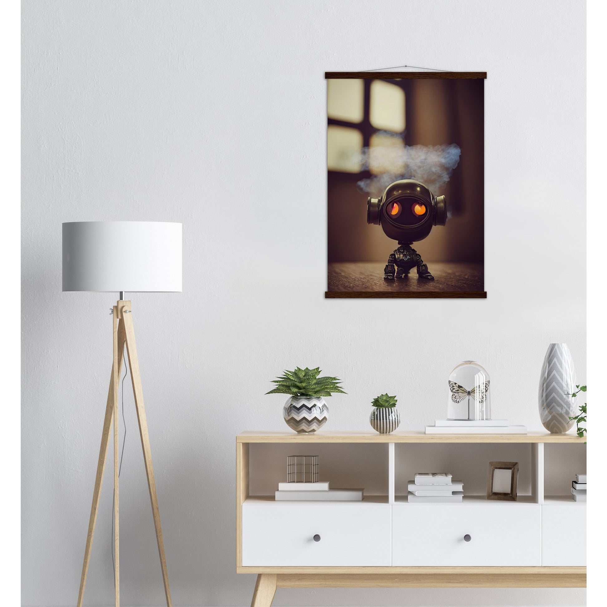 Poster mit Leisten (Holz) in Museumsqualität - Tiny robot - with smoke around his head - "Tiny Tim" - Wandbild - Customizable Coffee Cup - Personalized Gifts - Kunstdruck - Rauchender Roboter - Steampunk - Acryldruck - Smoking Robots - Personalized Gifts - Poster with frame - Wall Art - - zukunft - Kunstwerk - Office Poster - Poster mit Rahmen - Kaffee Tasse  - Bedruckte Tassen - Kunst Marke - Art Brand - Wandbild - Kunstdrucke - Künstler: John Grayst & Pixelboys - emotional robots - Geschenkidee 