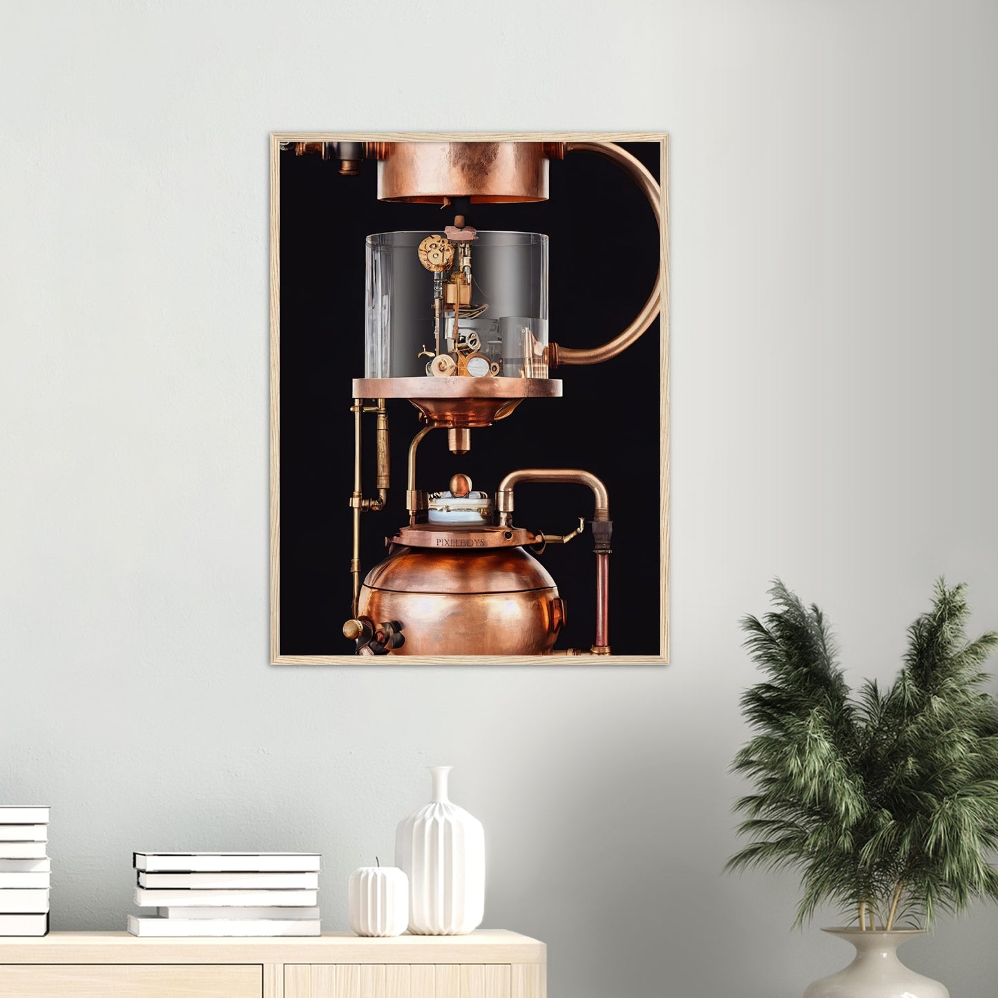 Poster mit Rahmen (Holz) - Steampunk - Coffee Maker - No.6 - Collection Cup - Pixelboys - Wandbild - Kunstwerk - Hotelkunst - Kunst auf Postern - Fine Art - Steampunk - Future - Maschine - Poster with frame - Office Poster - Art Brand - Pixelboys - Coffee House - Restaurant Poster - Wall Art - Kunstdruck - Geschenkidee - Kunst auf Acrylglas - Future Coffee Cup - Personalisierbare Tasse - Gastro Tasse - exklusiv - Acryldruck - Gastronomie Poster - Hotelposter - Teestube - Steam Punk Kitchen -   