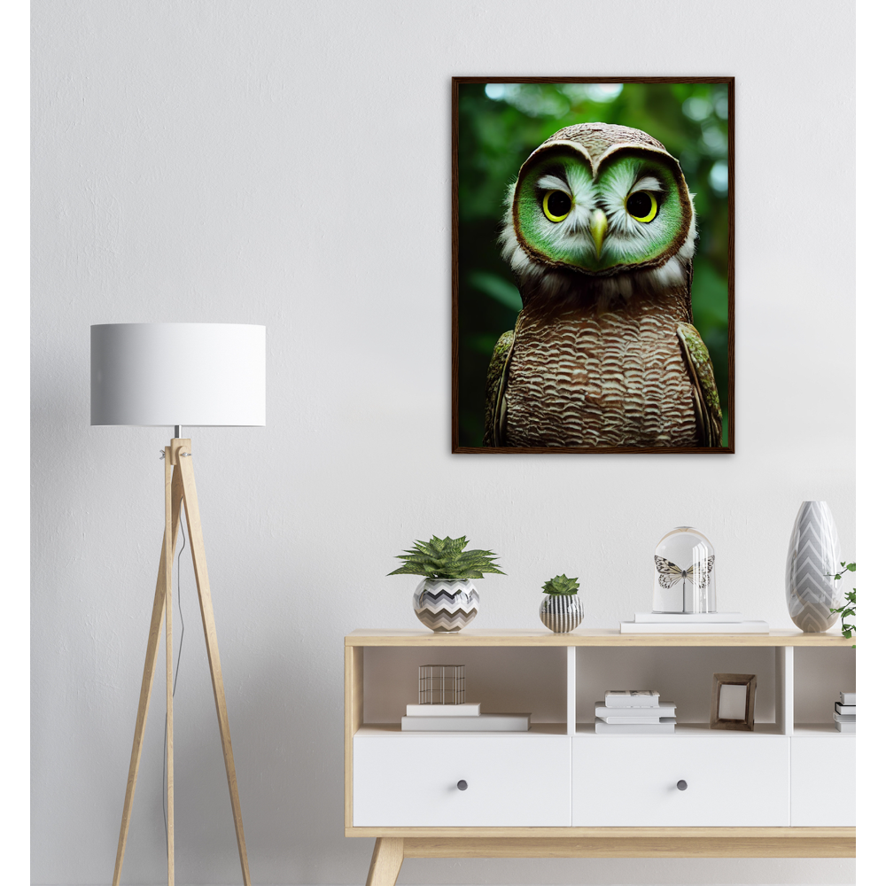 Poster mit Rahmen - Fruit Owl No. 4 - "Kiki", the Kiwi Owl - Wandkunst - Kunstdruck - (lat. tyto actinidia) - Kiwi Eule - Kiwi Owl - Fruchteulen - Vogel - Bird - Strigiformes - Noctua - Ornithologie - Kunstwerk  - Office Poster - Poster mit Rahmen - Kaffee Tasse - Poster mit Leisten - Bedruckte Tassen - Kunst Marke - Art Brand - Acryldruck - Wandbild - Kunstdrucke - Papier: 250g/qm - Künstler: John Grayst & Pixelboys - Eulen - Owl - Geschenkidee - 