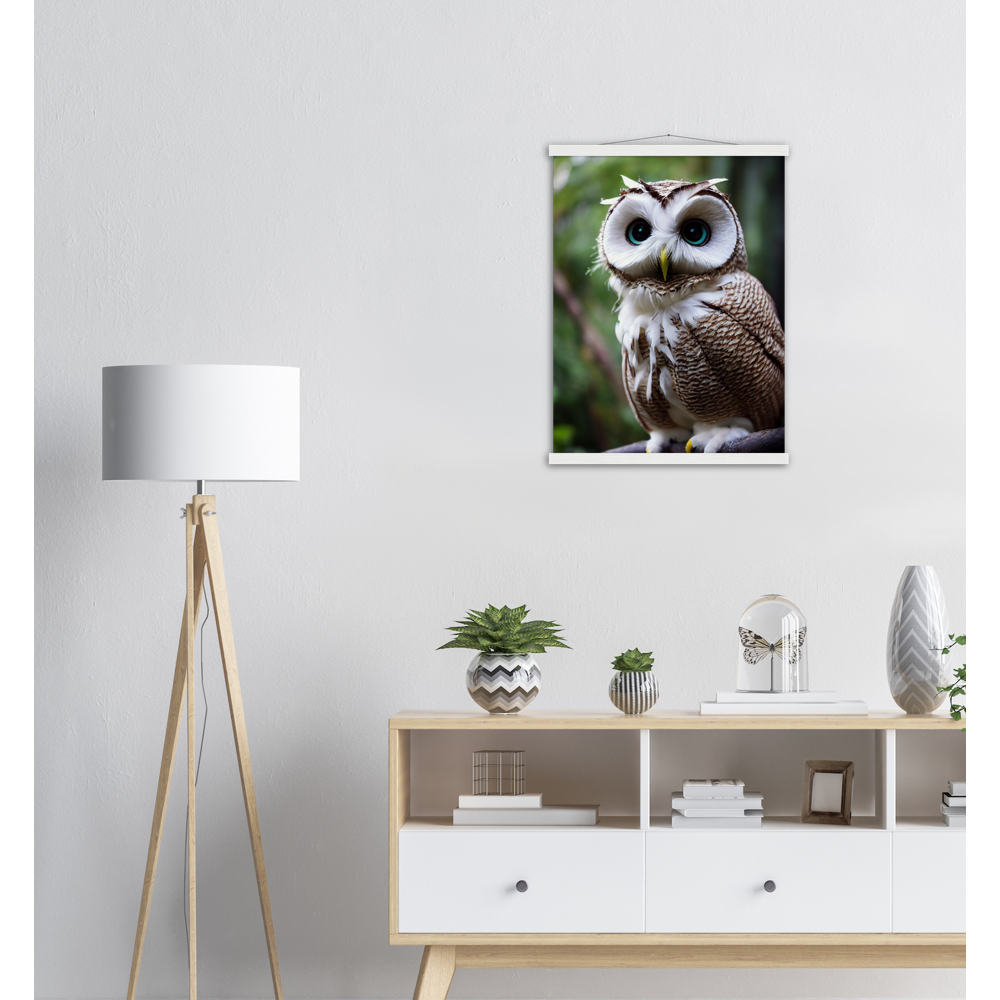 Poster mit Leisten (Holz) - Fruit Owl No.6 - "Cornelius", the coconut owl - Wandkunst - Museumsqualität - Kunstdruck - Kokusnuseule - Kokosnuss-Uhu (lat. bubo vaccinium)  - Acryldruck - Fruchteulen - coconut owl - Vogel - Uhu - Bird - Strigiformes - Noctua - Ornithologie - Kunstwerk  - Office Poster - Poster mit Rahmen - Kaffee Tasse - Poster mit Leisten - Bedruckte Tassen - Kunst Marke - Art Brand - Wandbild - Kunstdrucke - Papier: 250g/qm - Künstler: John Grayst & Pixelboys - Eulen - Owl - Geschenkidee - 