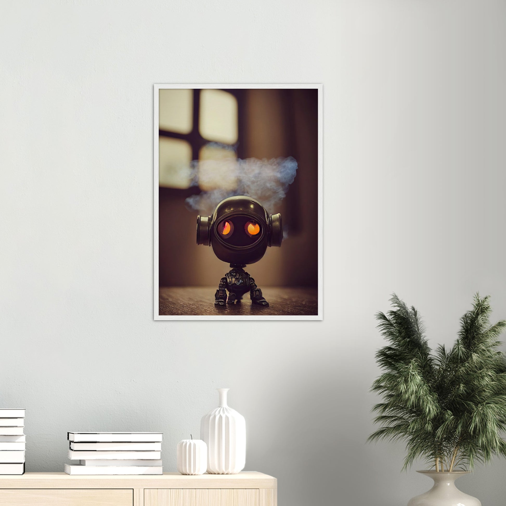 Poster mit Rahmen (Holz) - in Museumsqualität - Tiny robot - with smoke around his head - "Tiny Tim" - Wandbild - Customizable Coffee Cup - Personalized Gifts - Kunstdruck - Rauchender Roboter - Steampunk - Acryldruck - Smoking Robots - Personalized Gifts - Poster with frame - nr.5 lebt - zukunft - Kunstwerk - Office Poster - Poster mit Rahmen - Kaffee Tasse  - Bedruckte Tassen - Kunst Marke - Art Brand - Wandbild - Kunstdrucke - Künstler: John Grayst & Pixelboys - emotional robots - Geschenkidee -