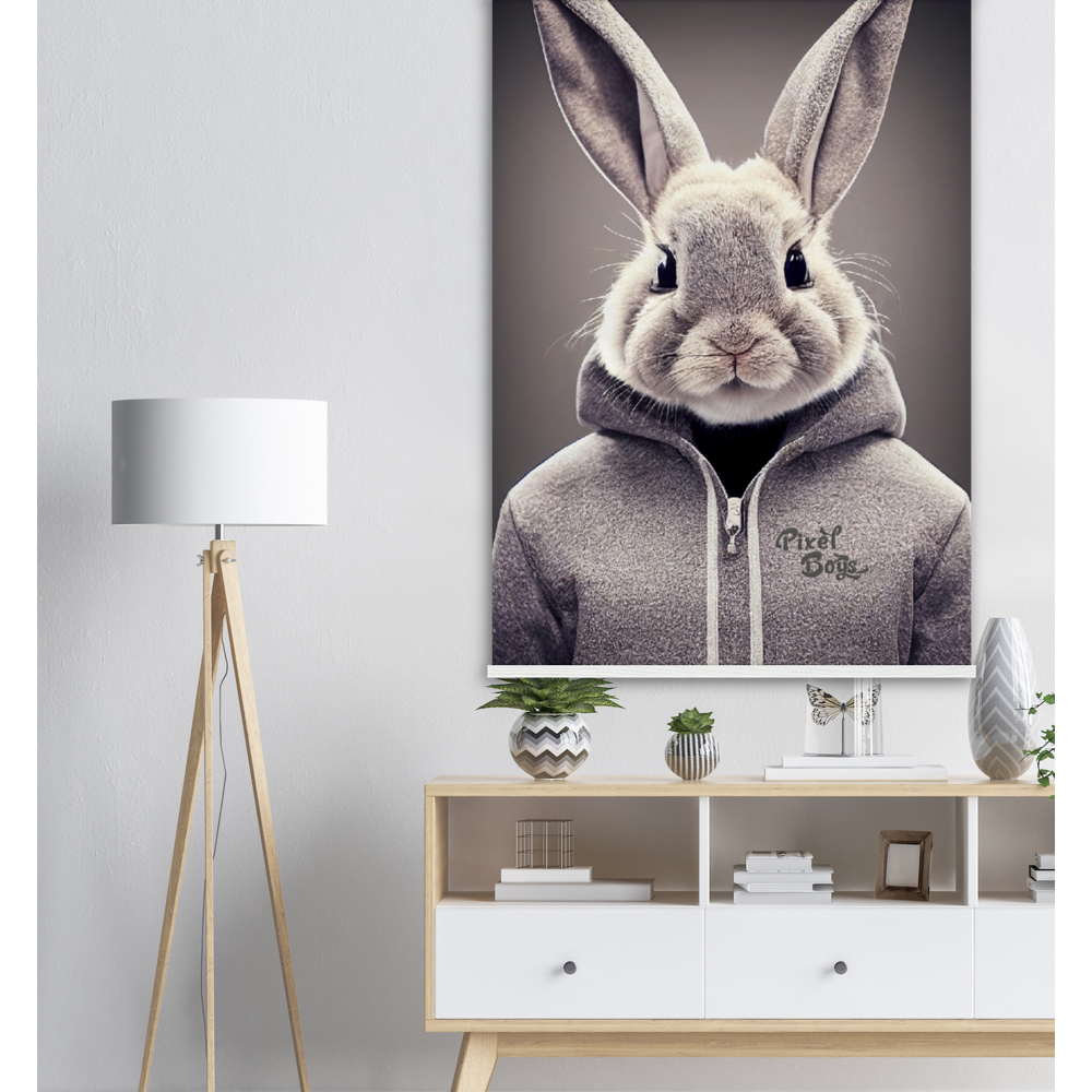 Poster mit Leisten (Holz) - Bunny in grey Hoodie - "Constantin" - Fashion Gang - Wandbild - Ostern - Geschenkidee - Osterhase - Bunny Crew: "Constantin" - "Caesar" - "Titus" - "Cleo" - Weisser Hase - Easter Bunny - Cute - grey Hoodie - sweats - Alice's Adventures in Wonderland - Modemarke - Pixelboys Brand - Constantin der Hase - Hase - Kaninchen  - Künstler: "Pixelboys" - Atelier - Germany - Berlin - Hamburg - Colgne - France - Paris - Italy - Rom - USA - America - New York City - Los Angeles - Chicago - 