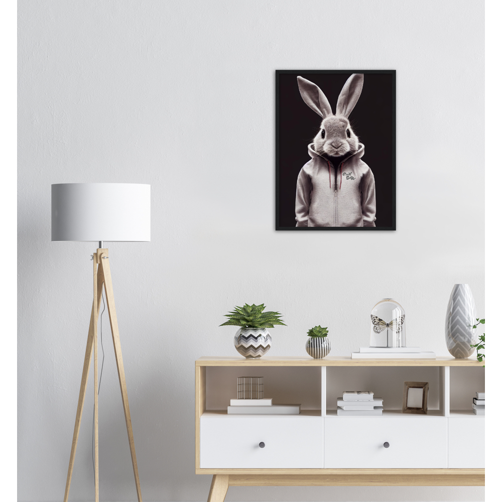 Poster mit Rahmen (Holz) - Bunny in grey tracksuit - Fashion Gang - Wandbild - Ostern - Geschenkidee - Osterhase - Bunny Crew: "Valerian" - "Caesar" - "Constantin" - "Cleo"-Titus - Weisser Hase - Easter Bunny - Cute - grey tracksuit - sweats - Alice's Adventures in Wonderland - Modemarke - Pixelboys Brand - Valerian der Hase - Kaninchen  - Künstler: "Pixelboys" - Atelier - Germany - Berlin - Hamburg - Colgne - France - Paris - Italy - Rom - USA - America - New York City - Los Angeles - Chicago - 