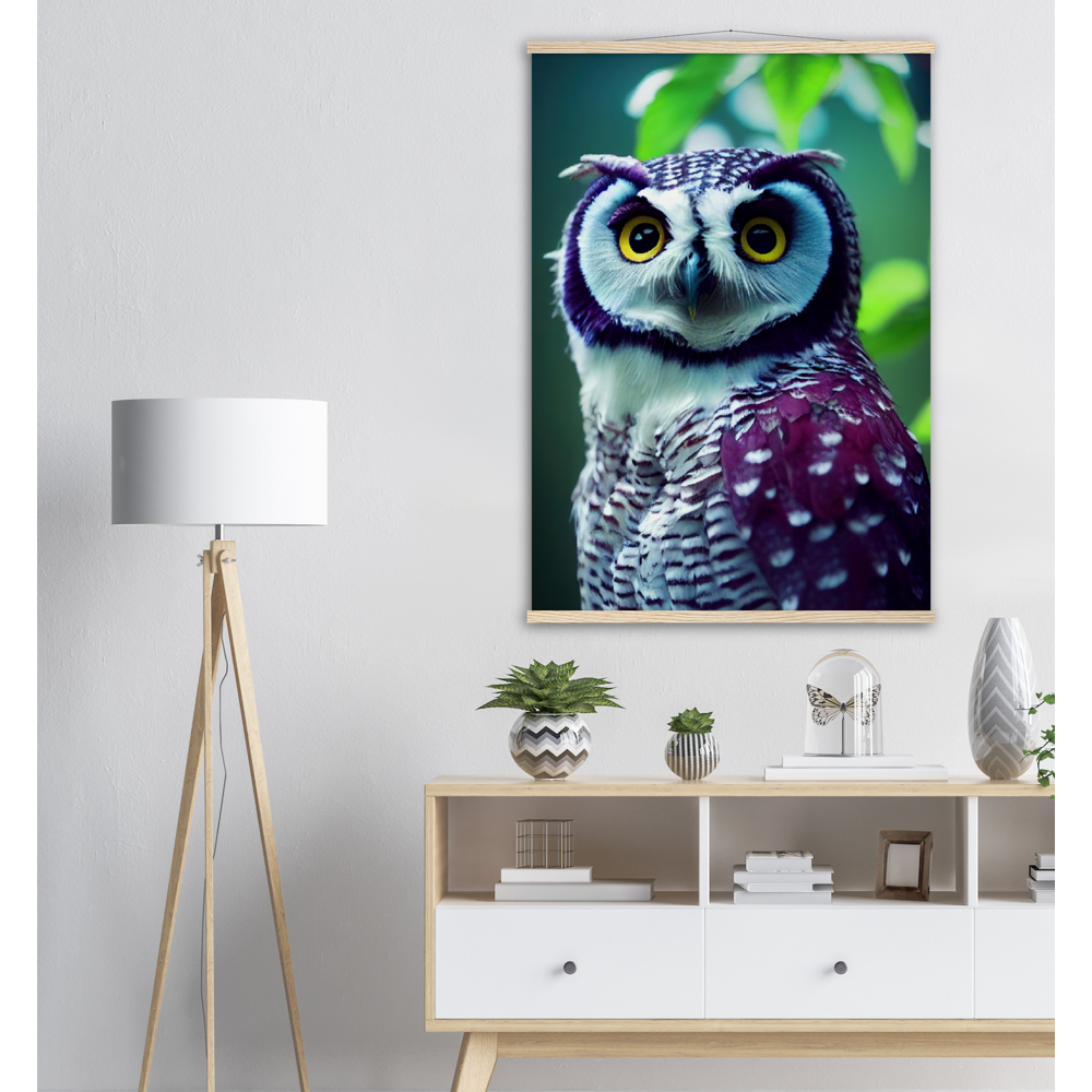 Poster mit Leisten (Holz) - Fruit Owl No.5 - "Sini", the bluberry owl - Wandkunst - Kunstdruck - Heidelbeereule - (lat. bubo vaccinium) - Teebecher - Heidelbeere Eule - Fruchteulen - blueberry owl- Vogel - Uhu - Bird - Strigiformes - Noctua - Ornithologie - Kunstwerk  - Office Poster - Poster mit Rahmen - Kaffee Tasse - Poster mit Leisten - Bedruckte Tassen - Kunst Marke - Art Brand - Acryldruck - Wandbild - Kunstdrucke - Papier: 250g/qm - Künstler: John Grayst & Pixelboys - Eulen - Owl - Geschenkidee - 