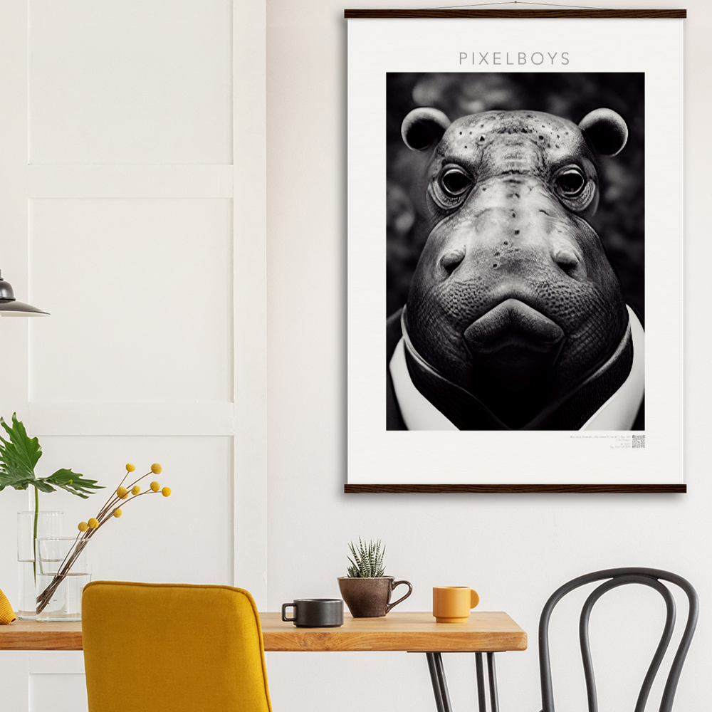 Poster mit Leisten (Holz) - "He doesn't like it." - Business Animals No. 3 "Herbert das Nilpferd" - Künstler: "John Grayst" Kunstdruck - Wandbild - Pixelboys - Atelier - Milano - Berlin - Munich - Madrid - New York - Dubai - Paris - Tokio - Rom - Lisbon - Ottawa - Bern Switzerland - Amsterdam - Seoul - Vancouver - Antwerpen - Cologne - Wellington -