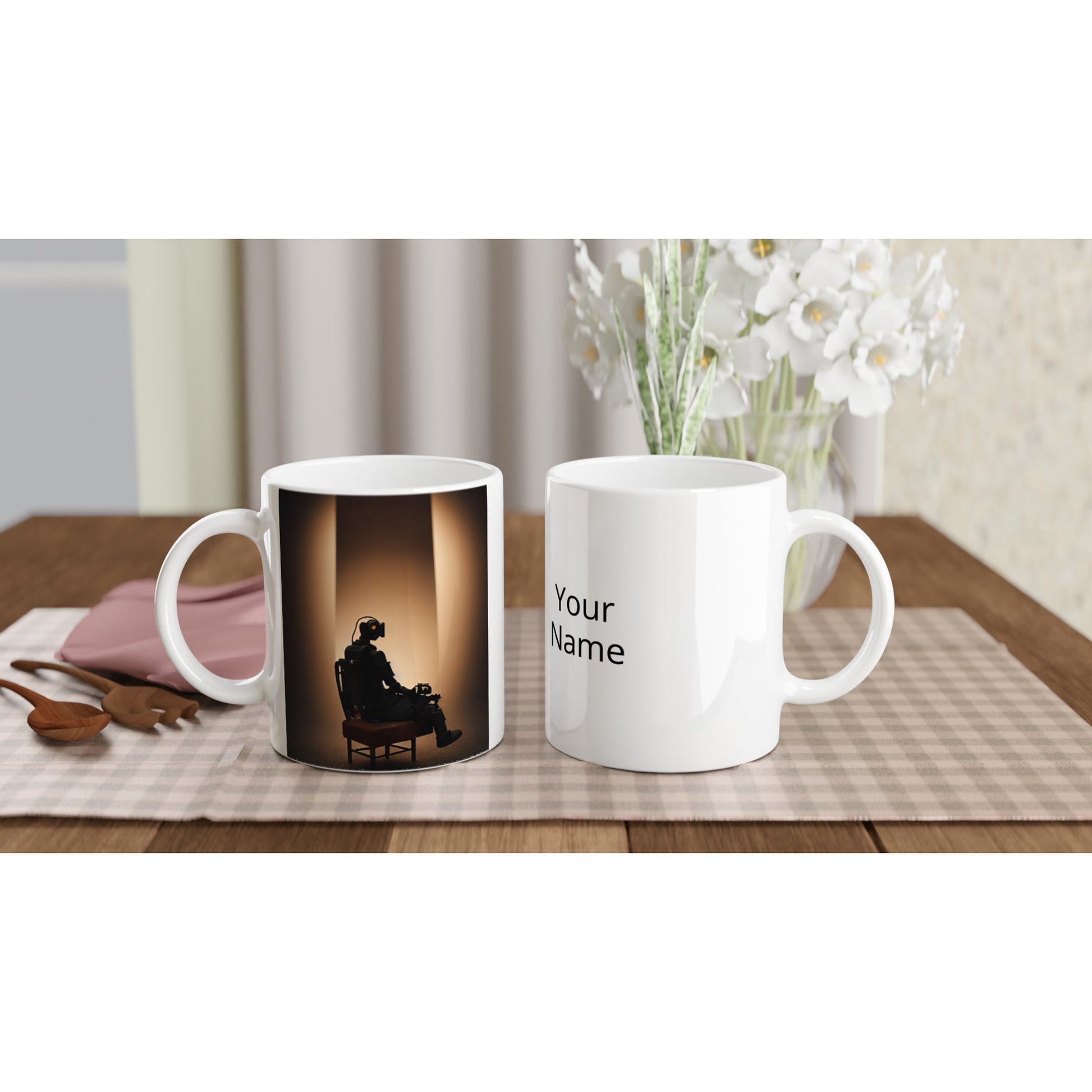 Personalisierbare Tasse - Sad Robots - 2022 - "Lonely"- No.1 - Wandkunst - Customizable Coffee Cup - Museumsqualität - Kunstdruck - Traurige Roboter - Steampunk - Acryldruck - Sad Robots - Maschine - Personalized Gifts - Terminator - blech - traurig - sad - nr.5 lebt - zukunft - Kunstwerk - Office Poster - Poster mit Rahmen - Kaffee Tasse - Poster mit Leisten - Bedruckte Tassen - Kunst Marke - Art Brand - Wandbild - Kunstdrucke - Künstler: John Grayst & Pixelboys - emotional robots - Geschenkidee -